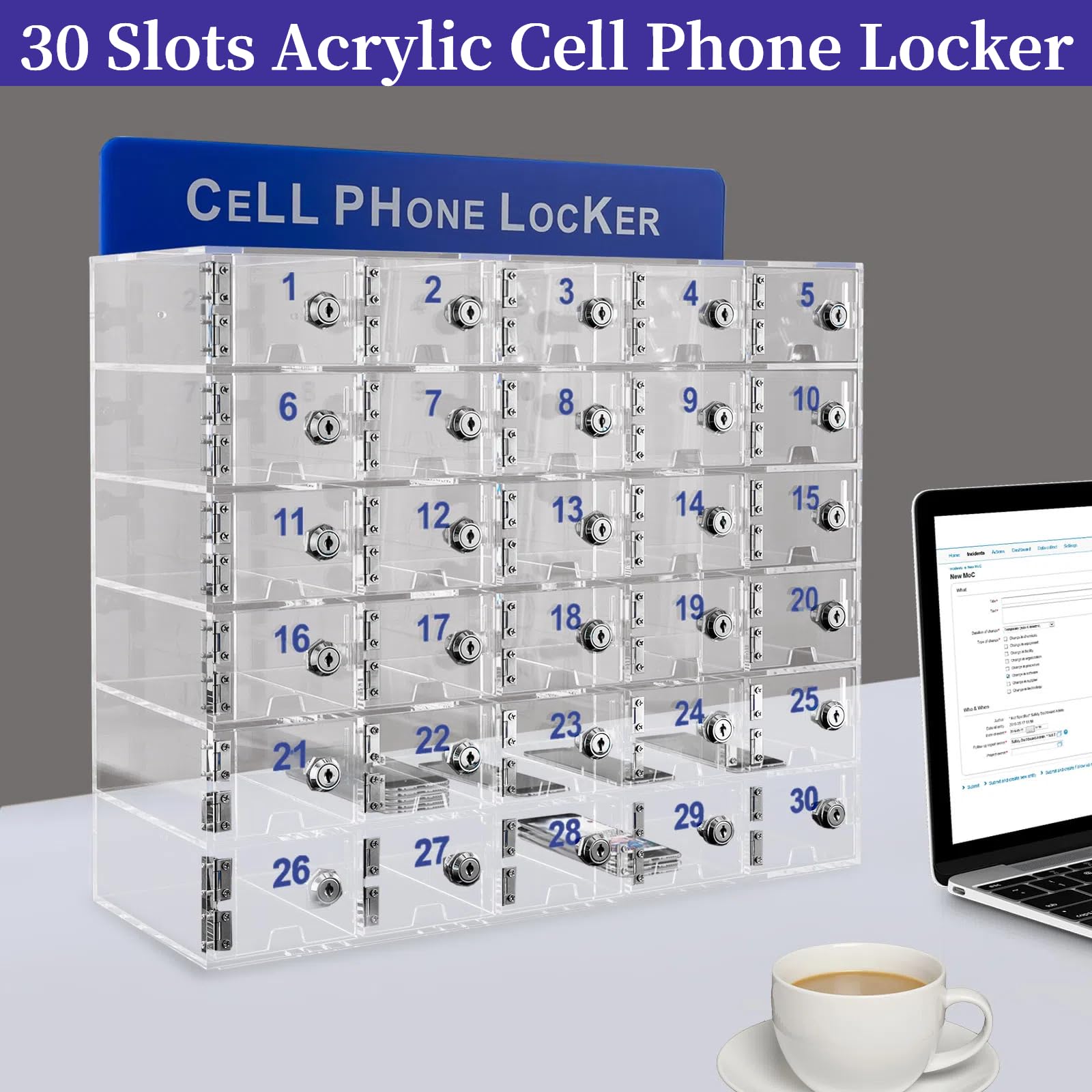 30 Slots Clear Cell Phone Locker with Charging Slot, Acrylic Phones Storage Cabinet with Door Locks Keys, Cell Phones Pocket Locker for Office Conference Rooms Classroom, 20.47*7.09*16.53in