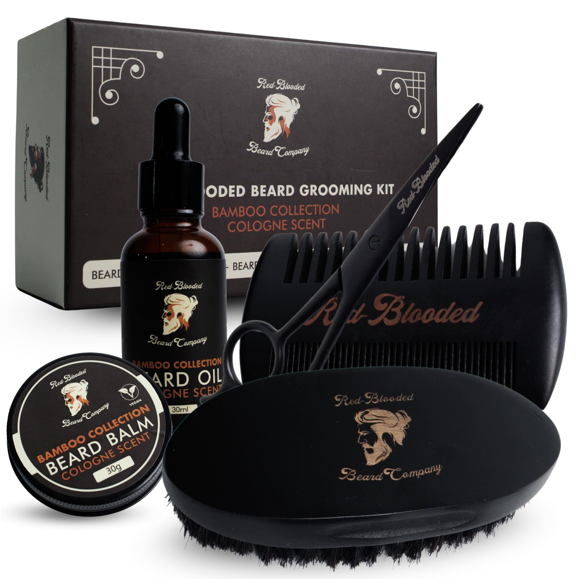 Red-Blooded Beard Grooming Kit for Men Complete Set with Beard Oil, Beard Balm, Beard Brush, Beard Comb & Beard Scissors. Cologne Scented made with Jojoba Oil and Macadamia Oil Mens Beard Grooming Kit