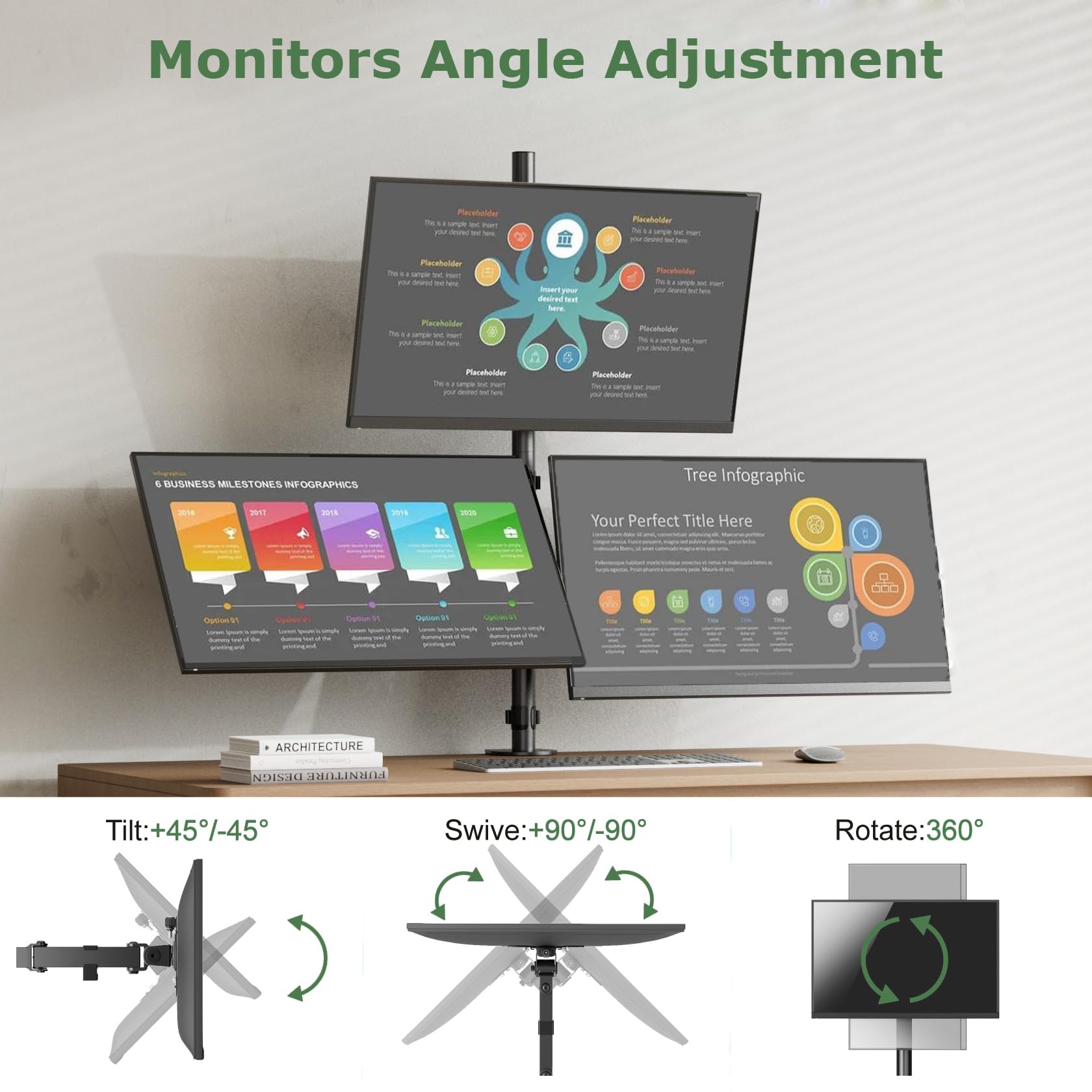 UPGRAVITY Support de bureau triple pour écrans de 17 à 32", chaque bras peut supporter jusqu'à 8 kg, 3 supports d'écran avec inclinaison, pivotant, rotatif, VESA 75/100 x 100 mm