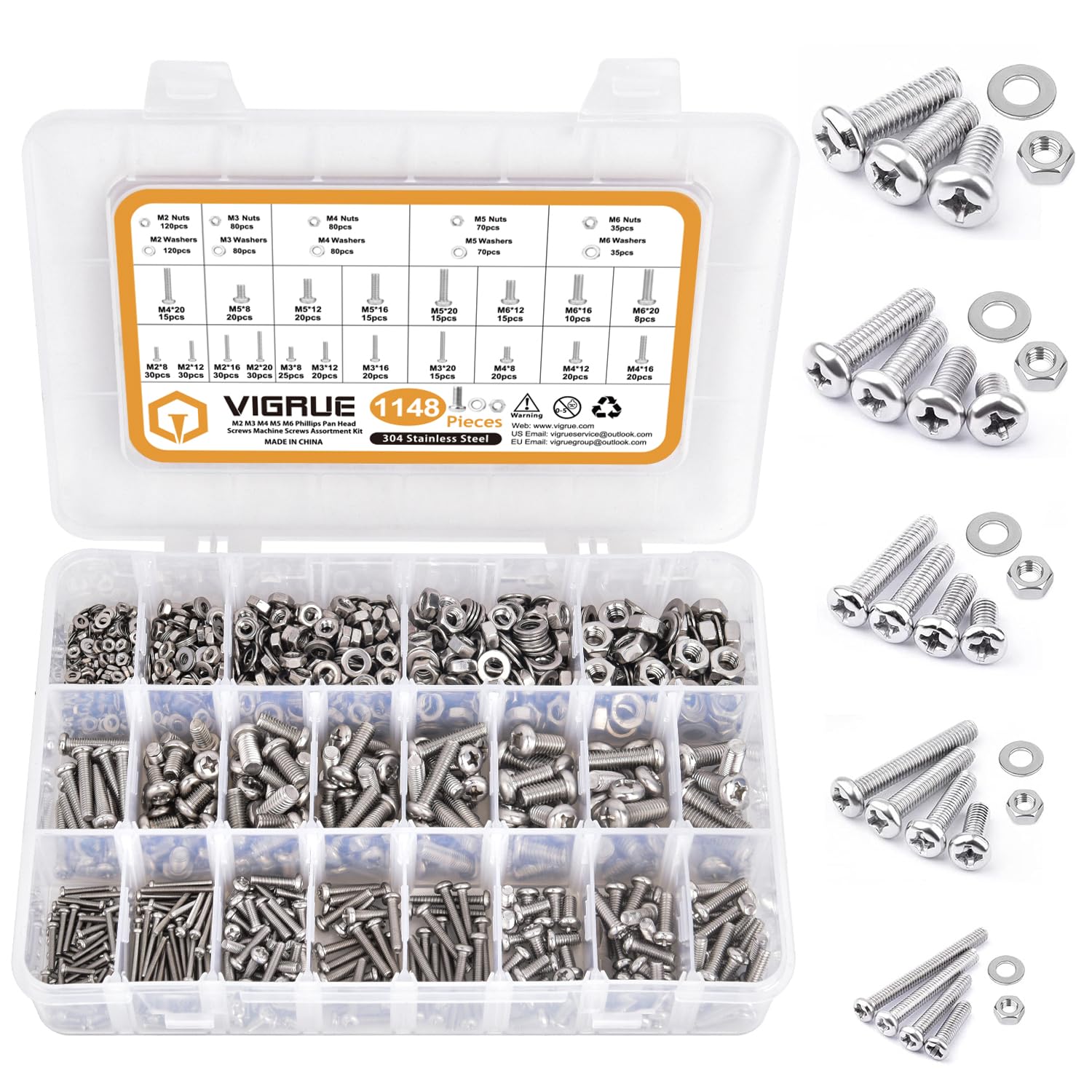 VIGRUE 1148Pcs Metric Phillips Pan Head Screws Bolt Nut Flat Washers M2 M3 M4 M5 M6 Machine Screws Assortment Kit,304 Stainless Steel