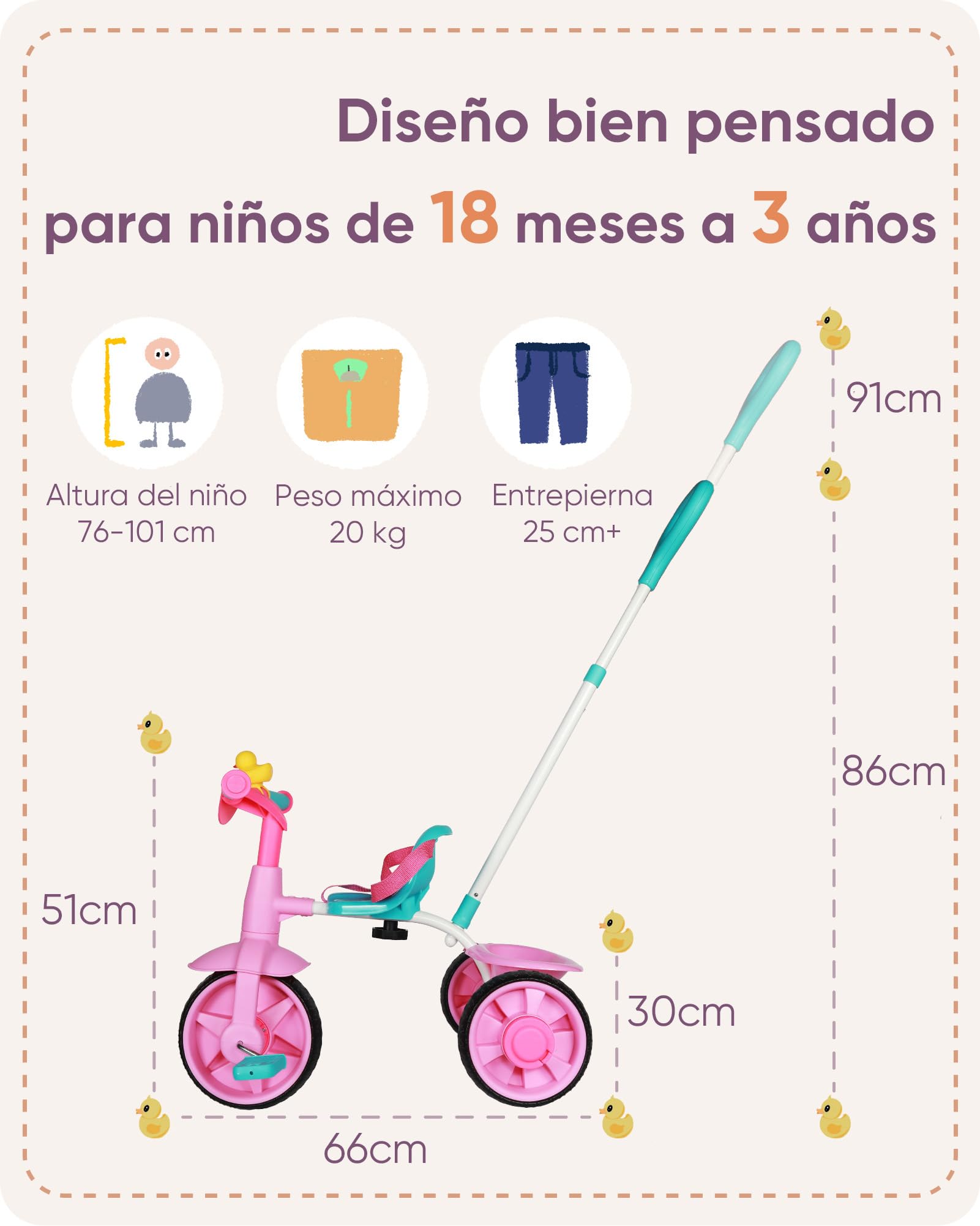 KRIDDO Triciclos 2 en 1 para niños de 18 Meses a 3 años, Ruedas EVA mejoradas, Triciclo de Regalo para niños pequeños, triciclos para niños de 2 a 3 años con Mango de Empuje y Campana de Pato, Rosa