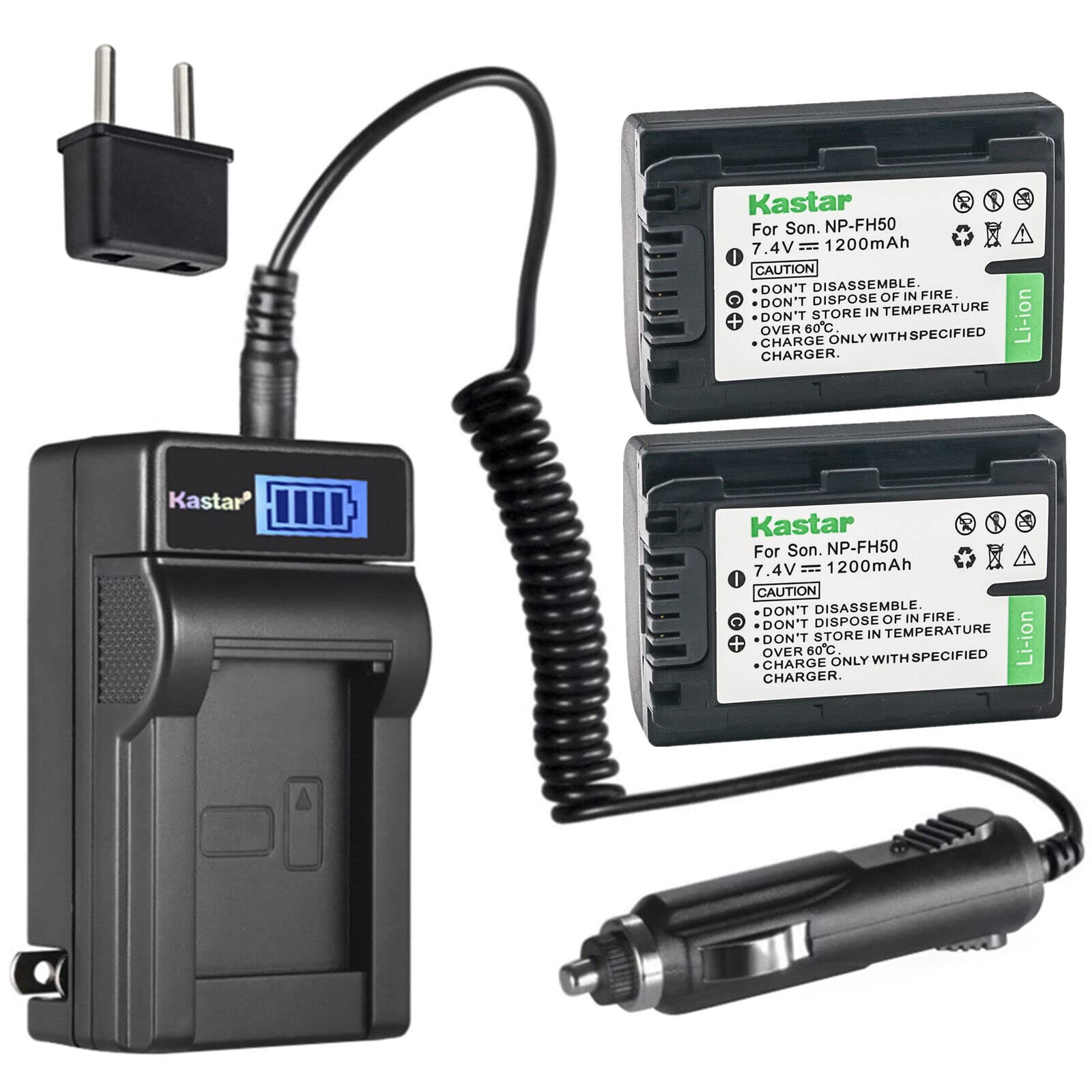 Kastar 2-Pack NP-FH50 Battery and LCD AC Charger Compatible with Sony DCR-SR47 DCR-SR48 DCR-SR50 DCR-SR52 DCR-SR55 DCR-SR57 DCR-S60 DCR-SR62 DCR-SR65