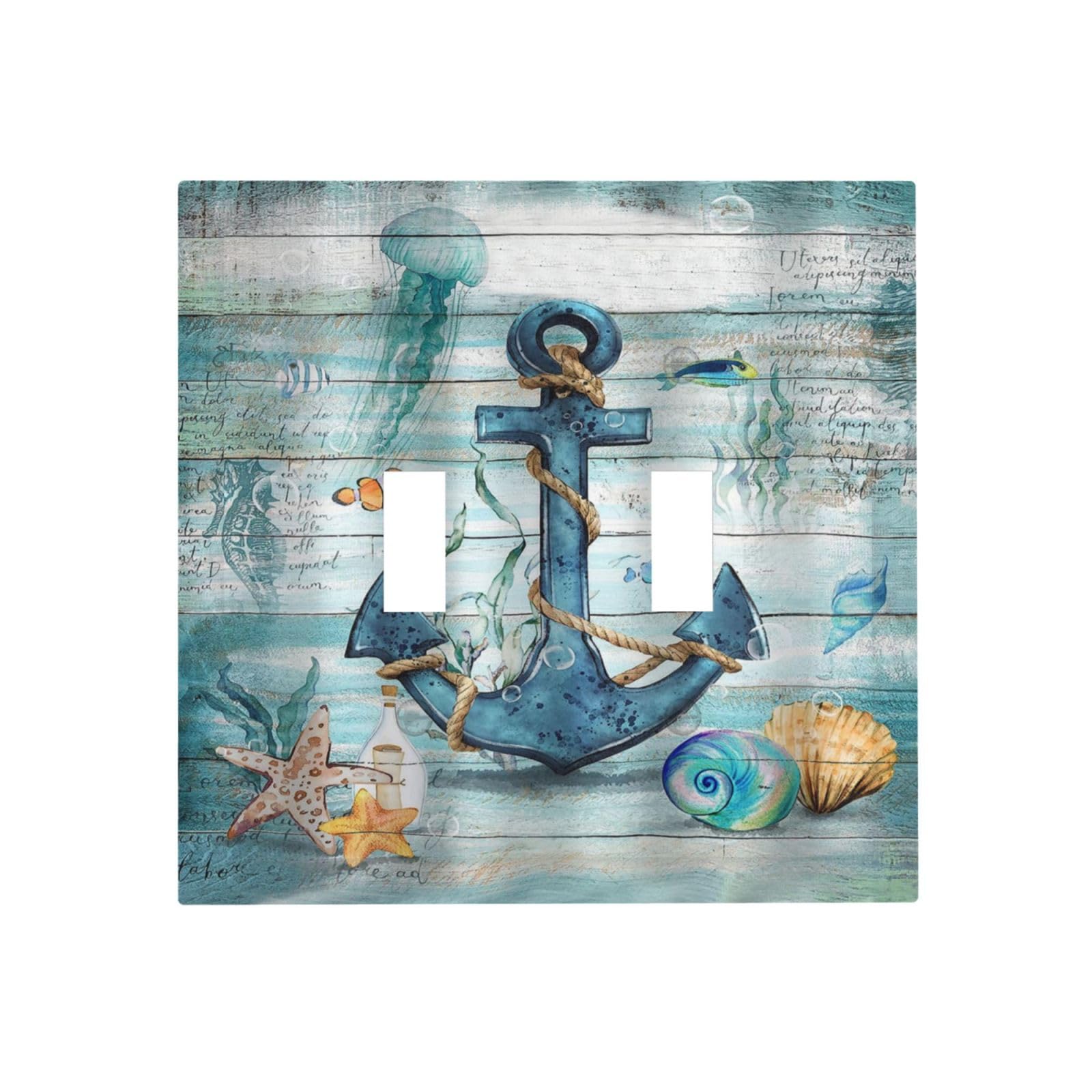 Retro Blue Anchor Double Toggle Light Switch Cover Decorative Nautical Theme Rustic Vintage Wooden Board 2 Gang Wall Plate Starfish Seashell Ocean