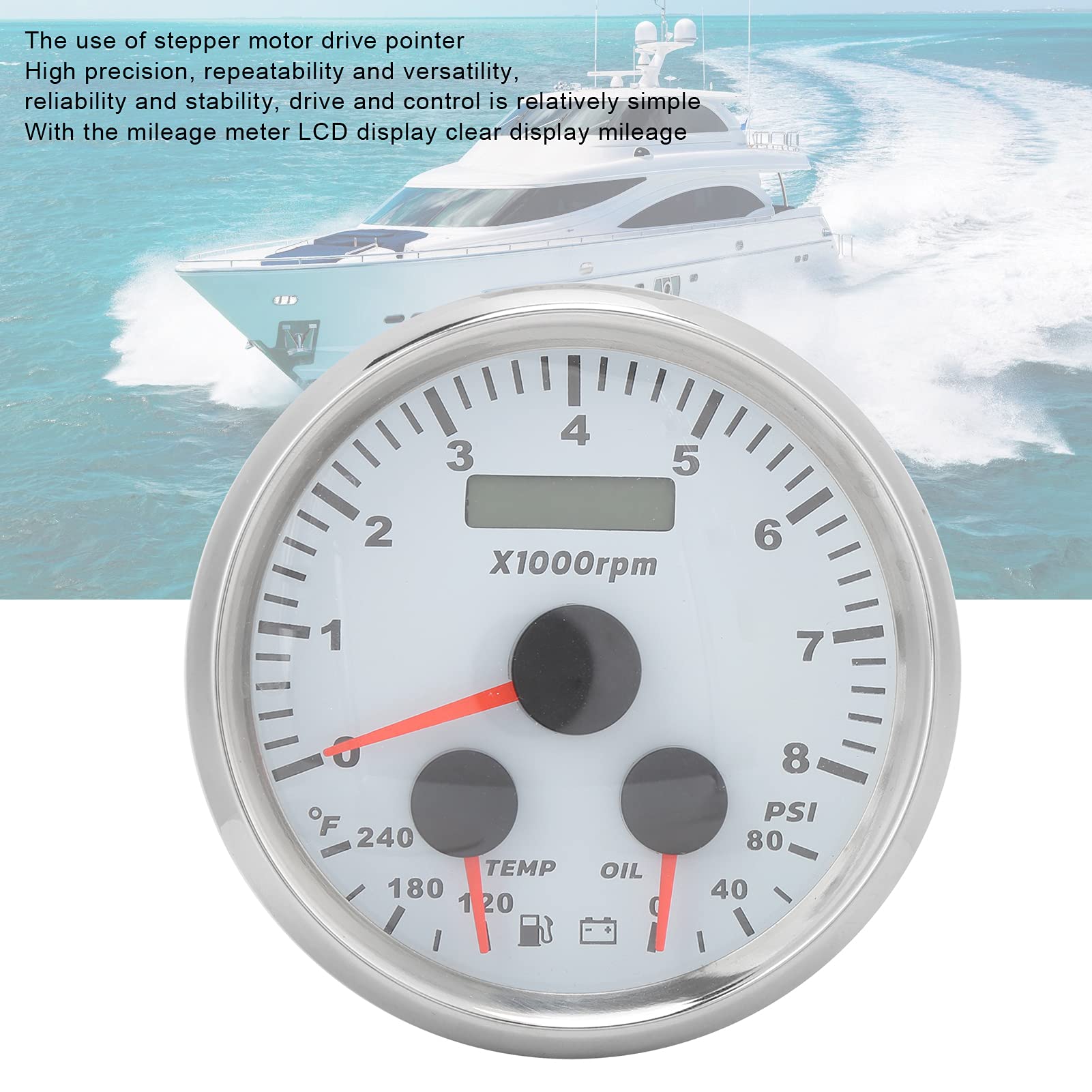 Manómetro de Presión de Aceite Multifuncional de 85 Mm y Medidor de Temperatura con Tacómetro para Barcos, Autocaravanas y Yates de Acero Inoxidable
