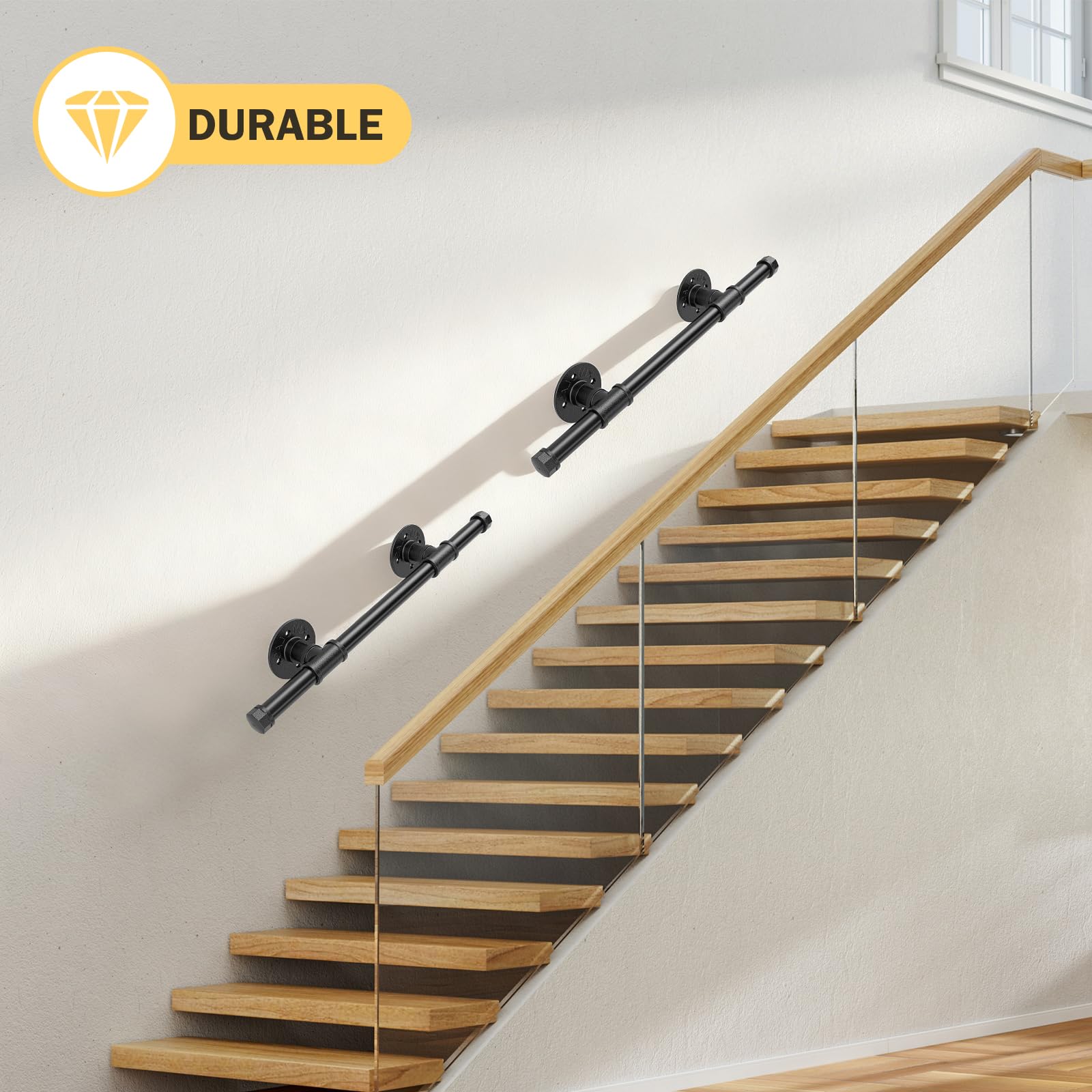 Pasamanos Escalera, 0,5M Pasamanos para Escaleras Interior Exterior, Pasamanos Negro con tubo de acero Galvanizado Industrial Antideslizante, Barandilla Escalera para Cocina Baño Jardín