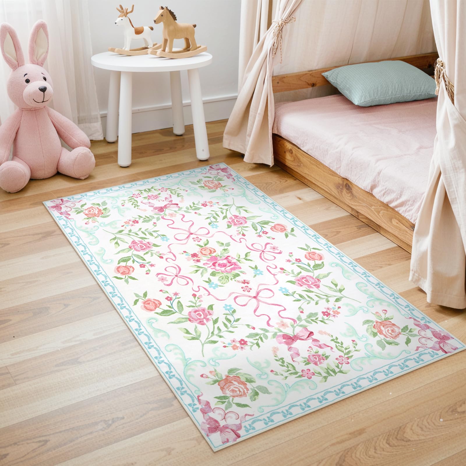 Collive 3x5 Pink Blue Floral and Bow Washable Area Rug for Girls Bedroom