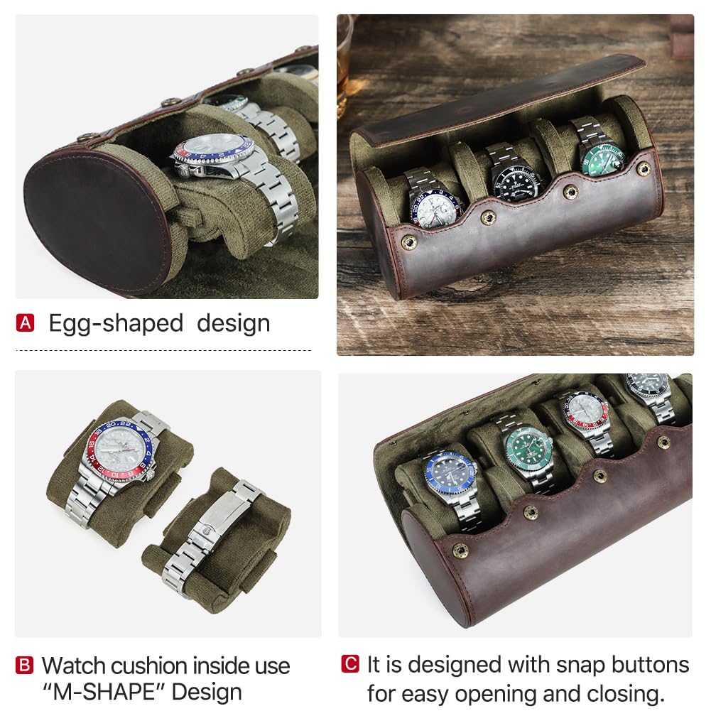 Hiram Étui rouleau en cuir véritable pour 3 montres, avec coussin amovible, organisateur de protection portable