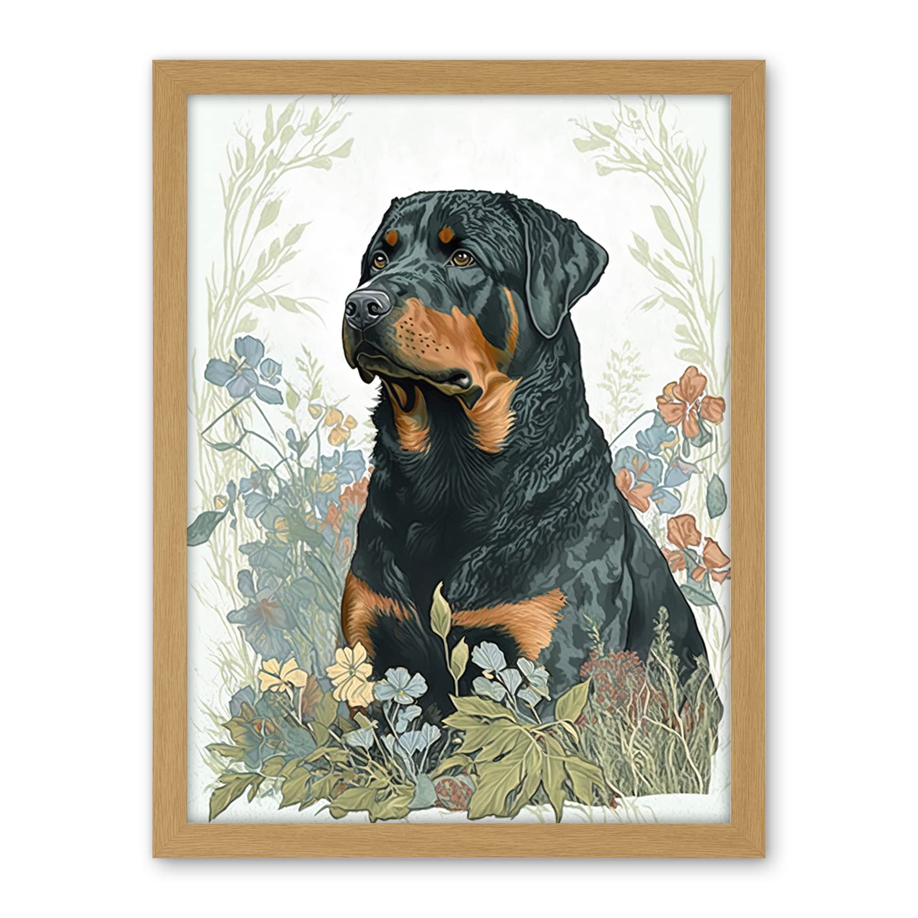 Artery8 Rottweiler Dog Sitting in Flower Field Modern Watercolour Illustration Artwork Framed Wall Art Print 18X24 Inch
