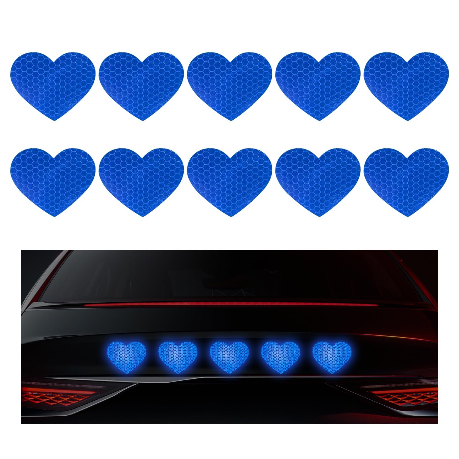 10PCS Vinyl Decal for Cars, High Intensity Reflective Sticker Night Safety Sign Bumper Decals, Waterproof Grid Vinyl Stickers Scratch Cover for Auto Window Laptop (Heart, Blue)