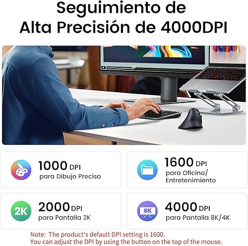 Miniatura 4 de UGREEN Ratón ergonómico vertical inalámbrico (Bluetooth 5.0+2.4G) con 5 botones, 1000160020004000 DPI, prevención del brazo del mouse, mouse