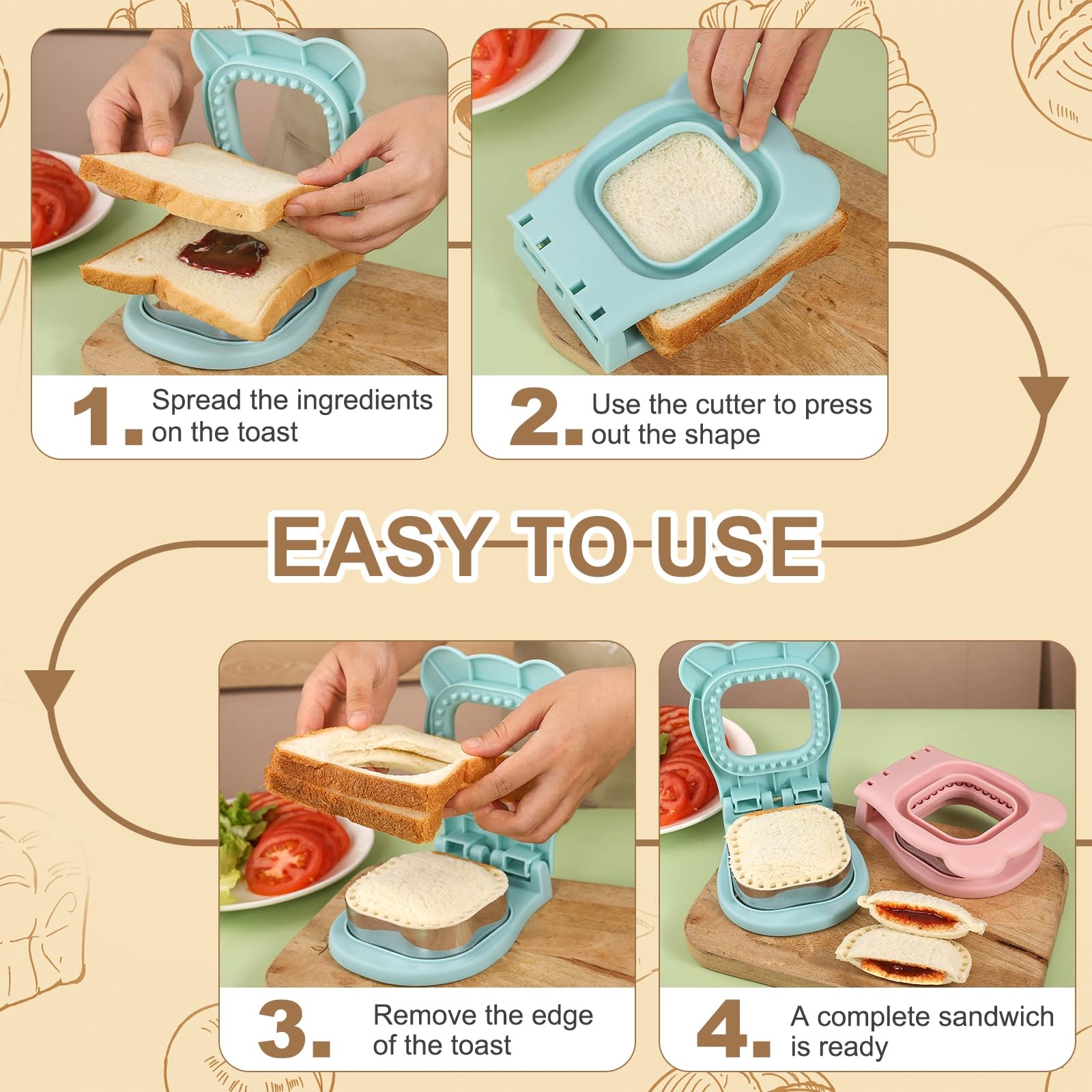 uxcell Lot de 2 emporte-pièces sans croûte, en forme de fleur/cœur - Incrustables - Pour pain, biscuits - Pour le petit déjeuner, le déjeuner et le thé de l'après-midi (rose rouge/vert)