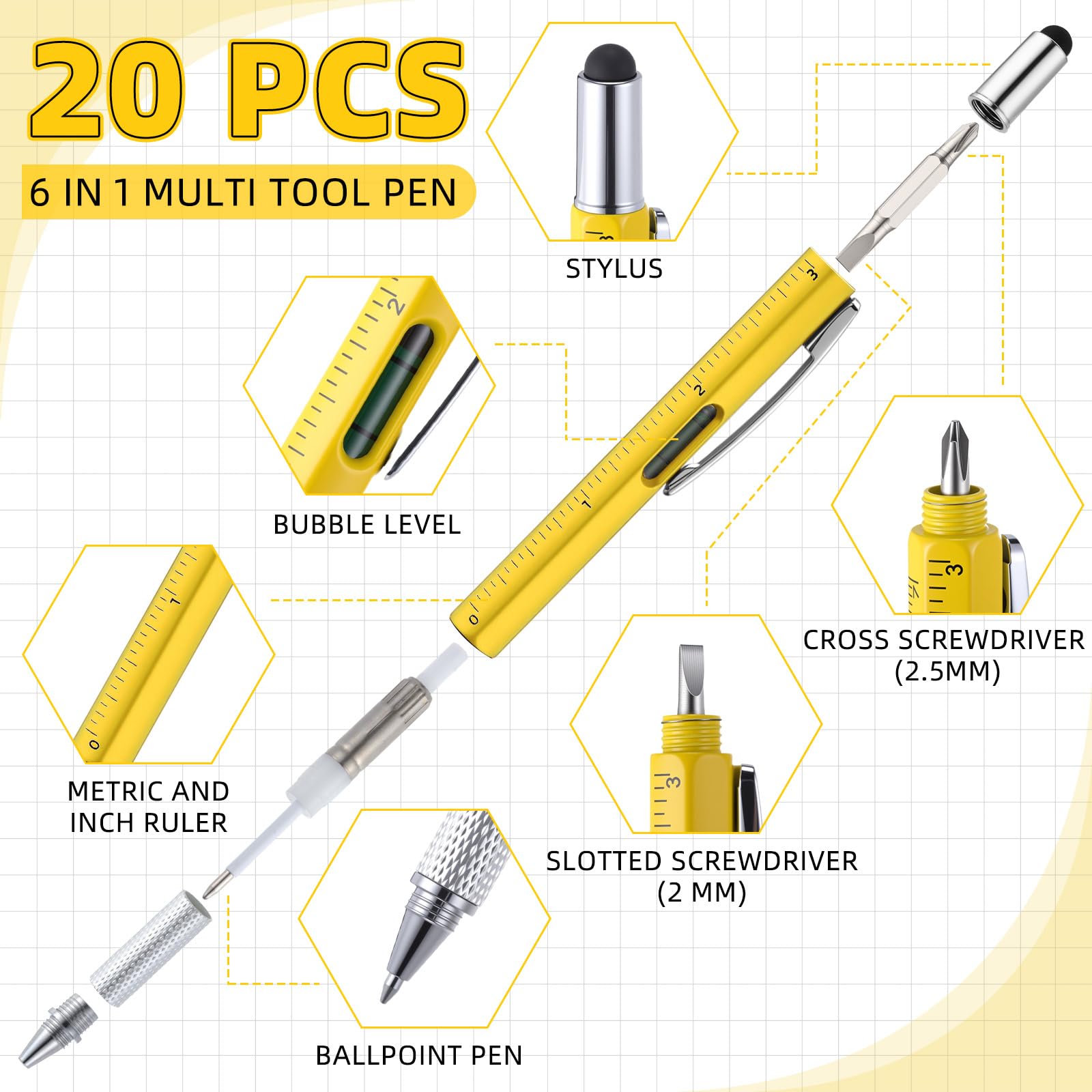 Vicenpal 40 Pcs Fathers Day Bulk Gifts 6 in 1 Screwdriver Tool Pen with Multitool Credit Card Bulk Tool Pen Gifts for Fathers Day Adult Men Dad Husband Male Employee (Black,Yellow;silver)