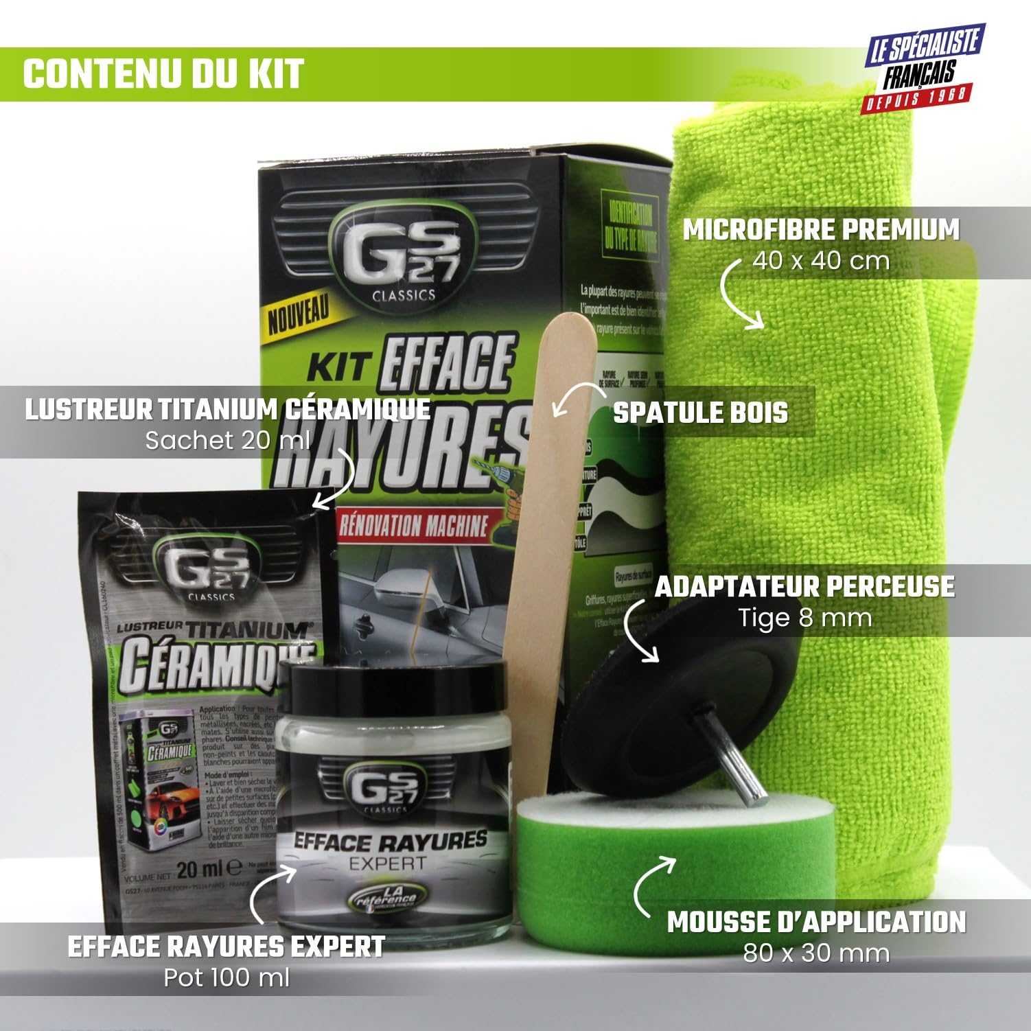 GS27 - Kit Efface Rayures Voiture en Mousse- À Utiliser Avec Une Perceuse - Élimine Facilement Les Rayures De La Carrosserie