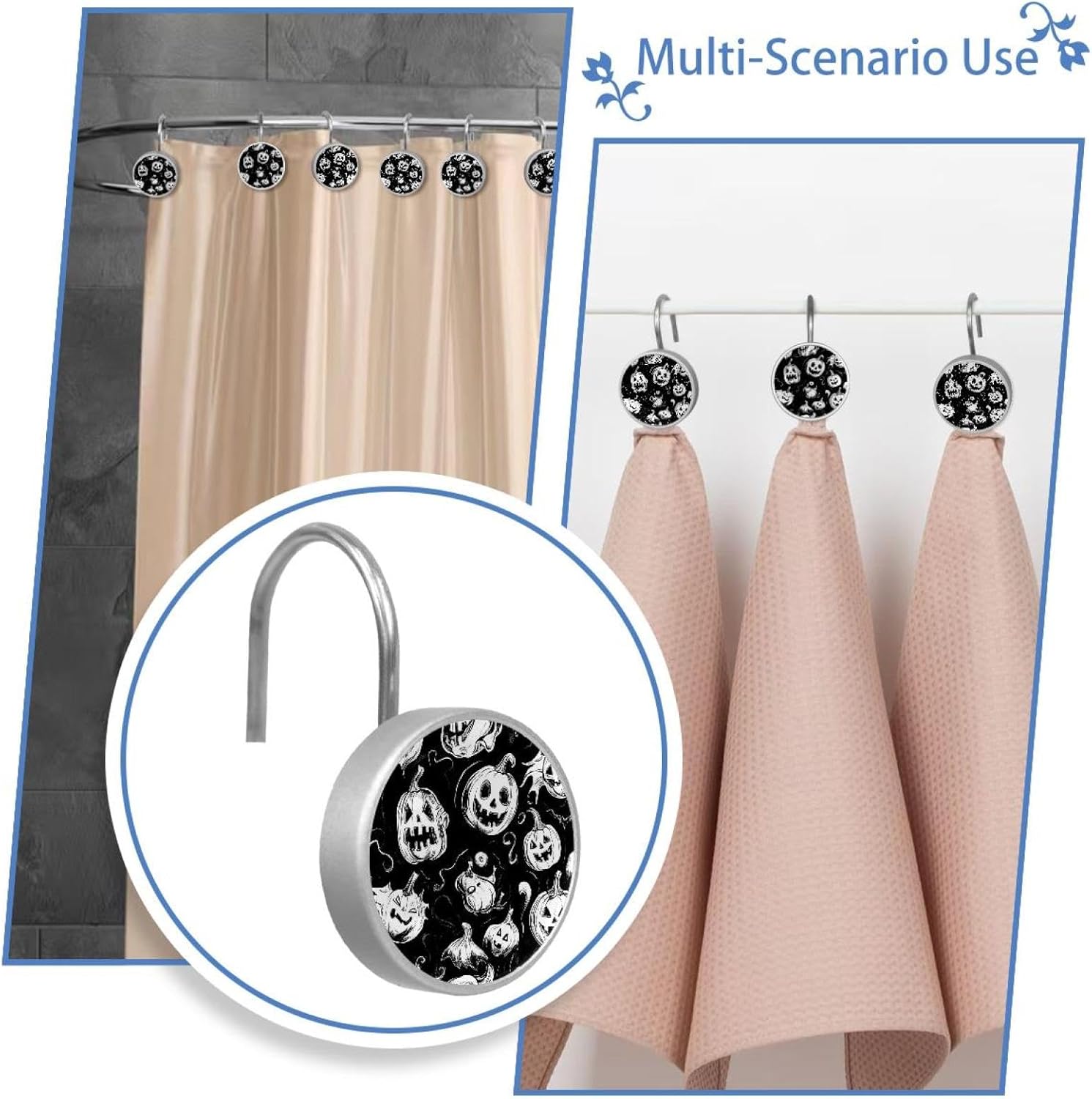 Set of 12 Shower Curtain Hooks, Shower Curtain Rings Crystal Glass Decorative Bathroom Hook, Halloween