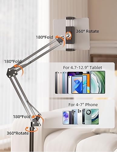 Miniatura 6 de Soporte de piso para tableta con base de metal pesado de 4.5 libras, soporte de ángulo de soporte para teléfono de cama superior, soporte universal