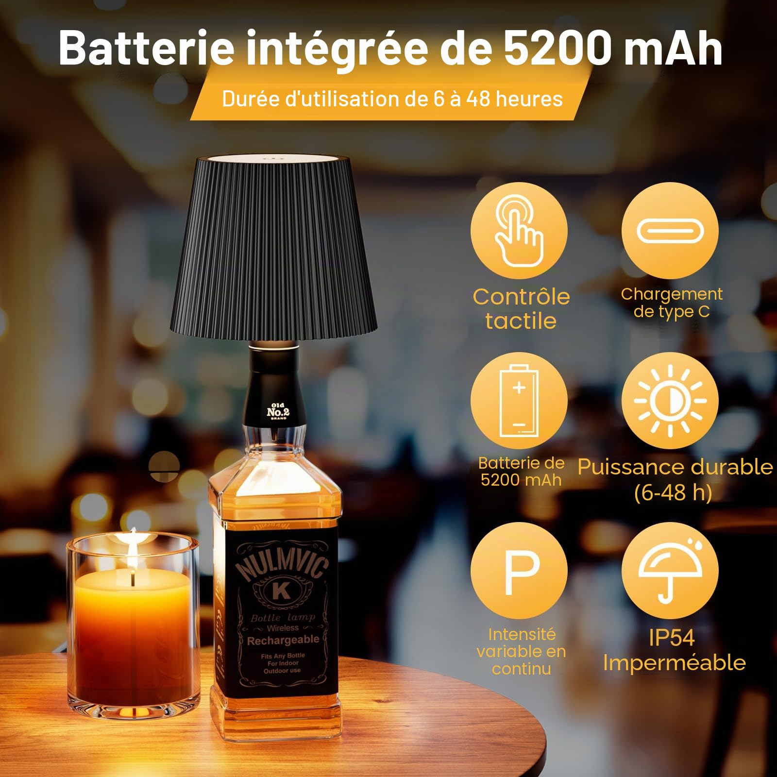 Lot de 2 Lampe Bouteille LED Sans Fil - Lampe de Table Rechargeable - IP54 étanche Lumière de Bouteille Tactile à Intensité Variable 3 Couleurs pour Intérieur Extérieur Restaurant Bar (Noir)