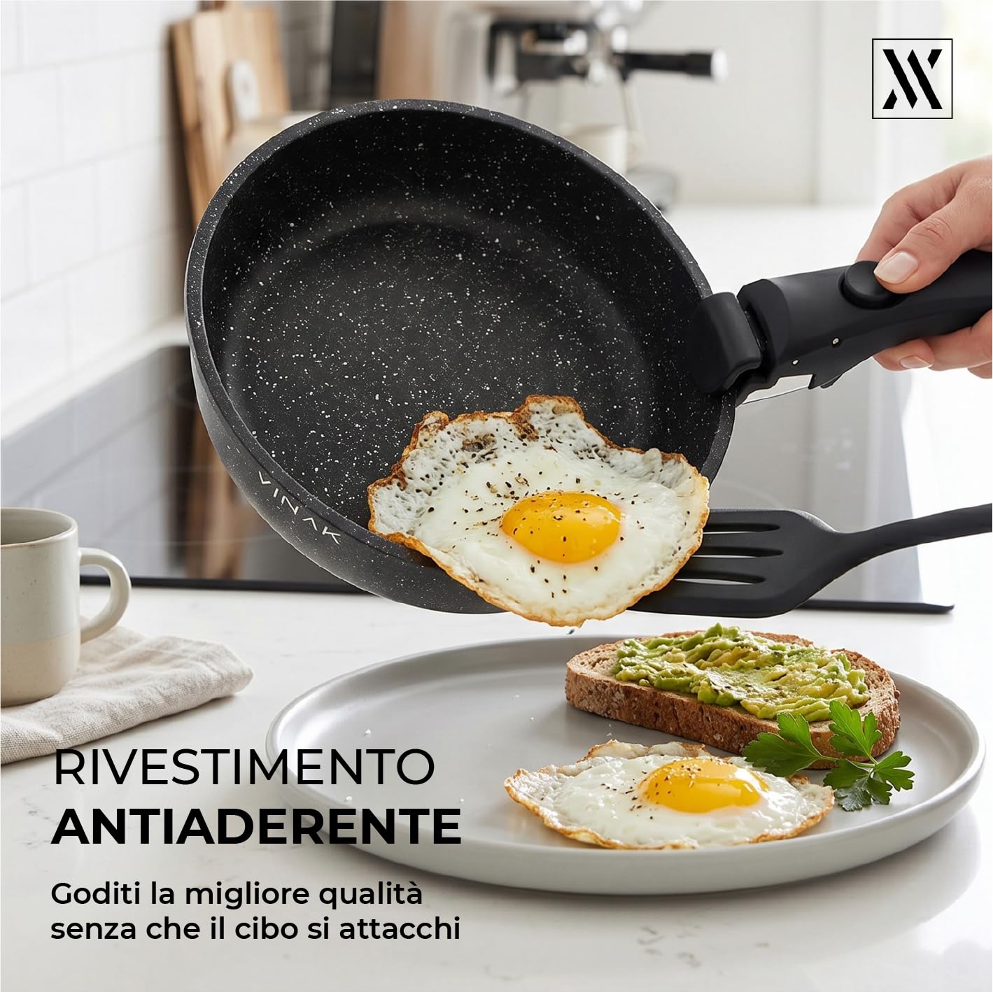 VINAK - Set Padelle 11 Pezzi Manico Rimovibile | Antiaderente Senza PFOA BPA | Induzione Forno | Salvaspazio Impilabile | Cucina Completa
