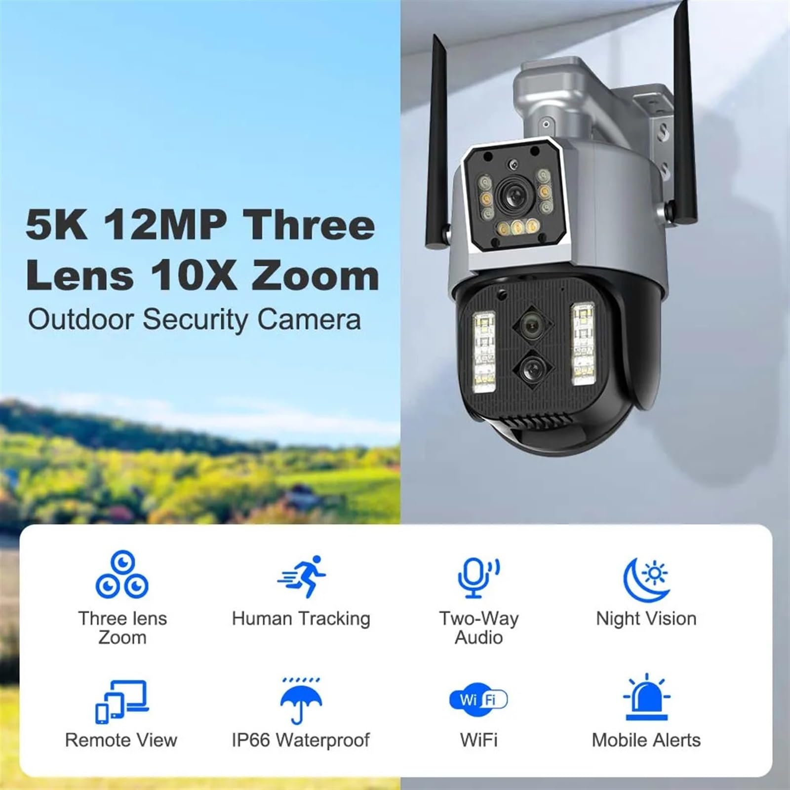Zewnętrzna bezprzewodowa kamera bezpieczeństwa 5K HD kamera IP 10-krotny zoom AI śledzenie trzy obiektywy kamera PTZ CCTV inteligentny domowy nadzór wideo(5K Camera No Card)