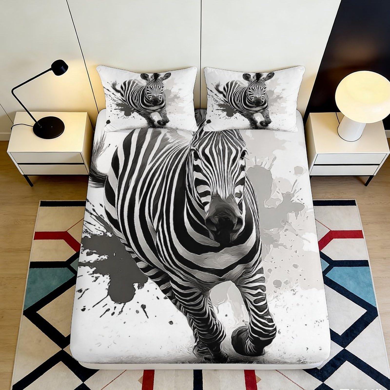 3D Printed Running Zebra Fitted Sheet Microfiber Soft Non-Slip Animal Pattern Bed Cover for Bedroom Guest Room Decor 90x200x25cm