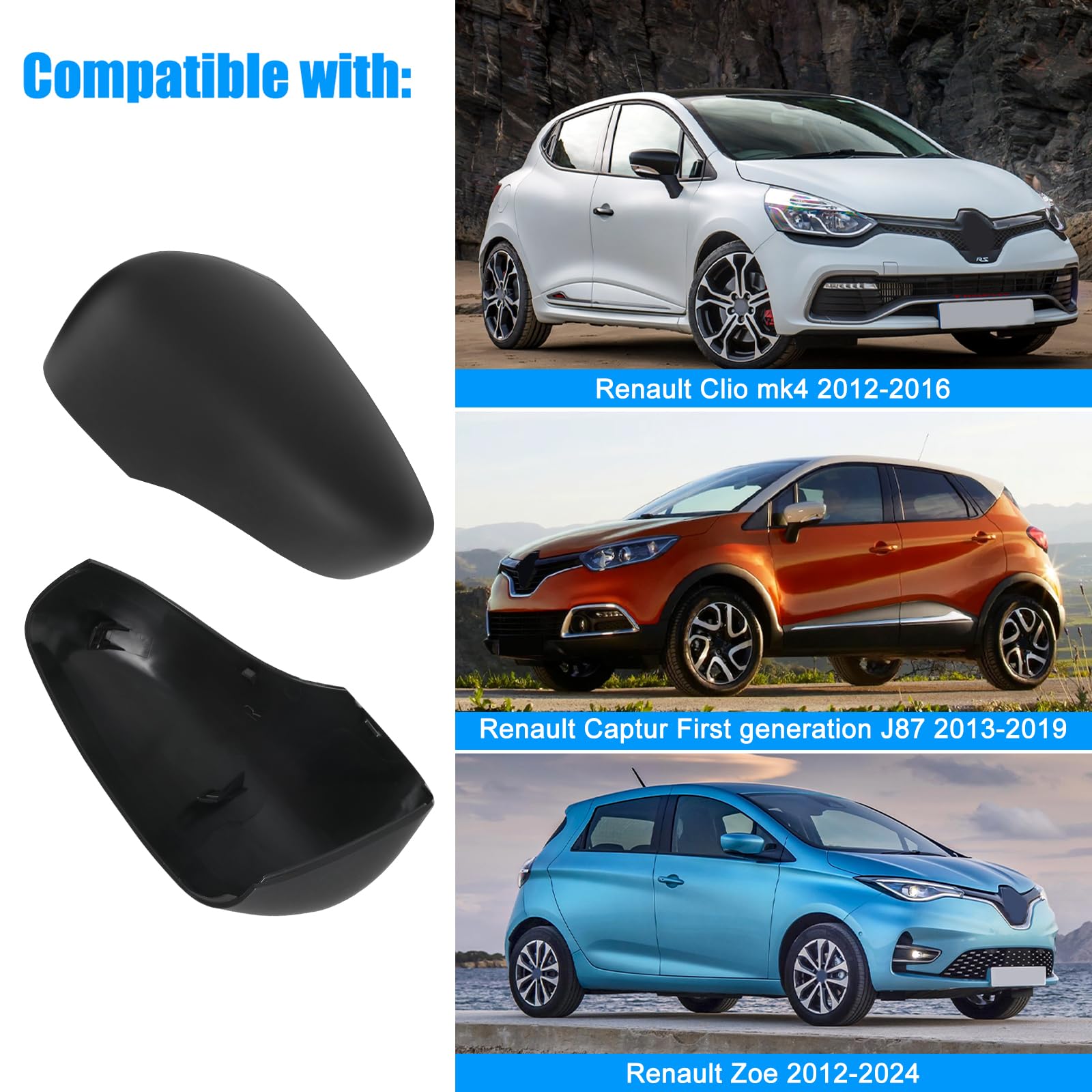 Spiegelabdeckungen Ersatz für Renault Clio 4 2012-2016, Capture First Generation J87 2013-2019, Zoe 2012-2024, Auto Außenspiegelkappe Rückspiegelkappe Links & Rechts, 963732631R 963732631 Mattschwarz