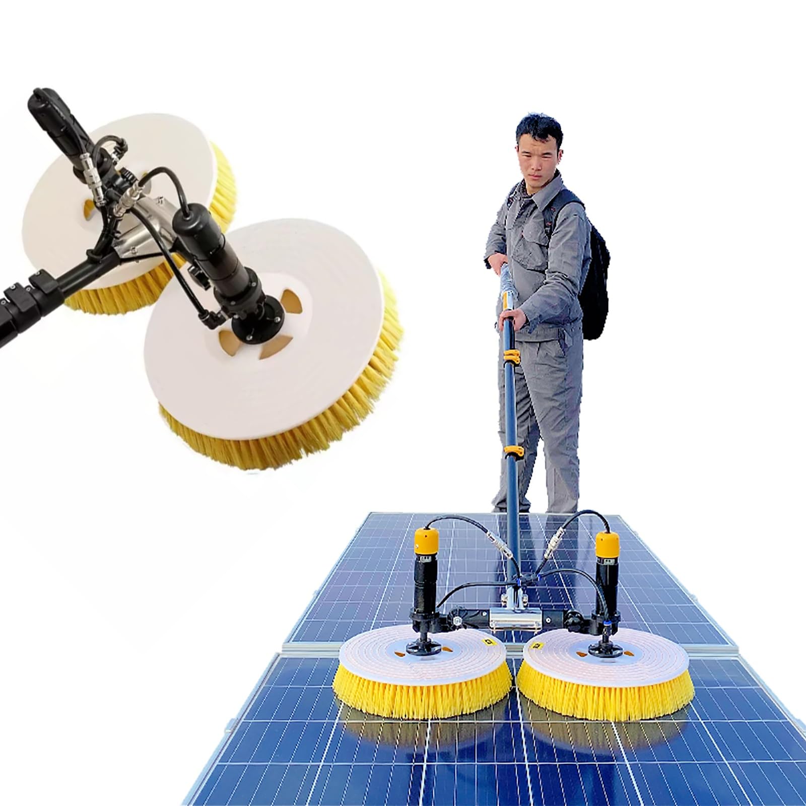 GTHTUHFD Electric Dual Head Pv Panel Cleaning Set, Telescopic Light Aluminum Alloy Rod, 3.5-7.5M Adjustable Rotating Solar Panel Cleaning Brush,5.5m