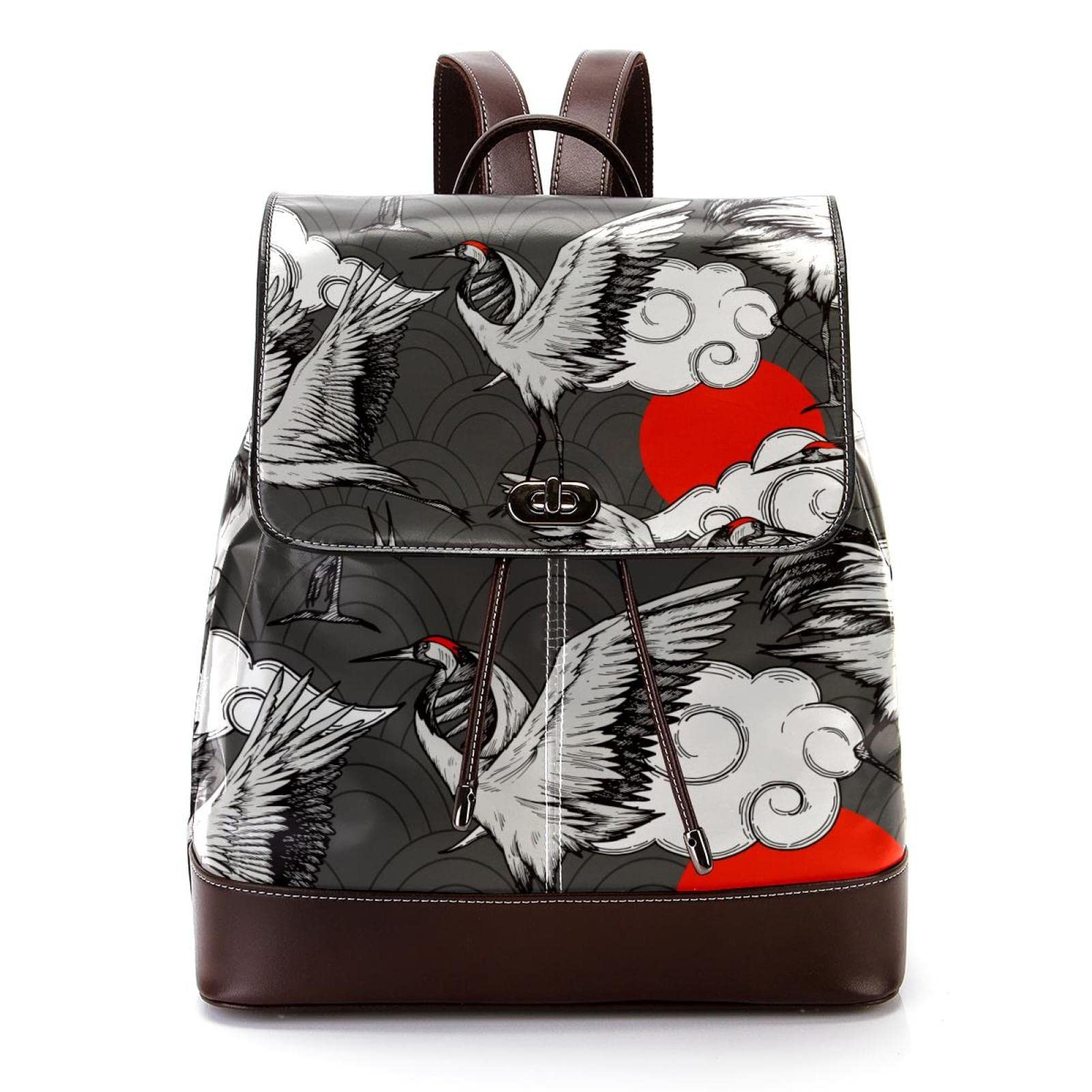 Y-DSIWX Women’s Flap Backpack Purse Japanese Cranes with Clouds and Red Sun PU Leather Work Travel Rucksack Daypack for Ladies Girls