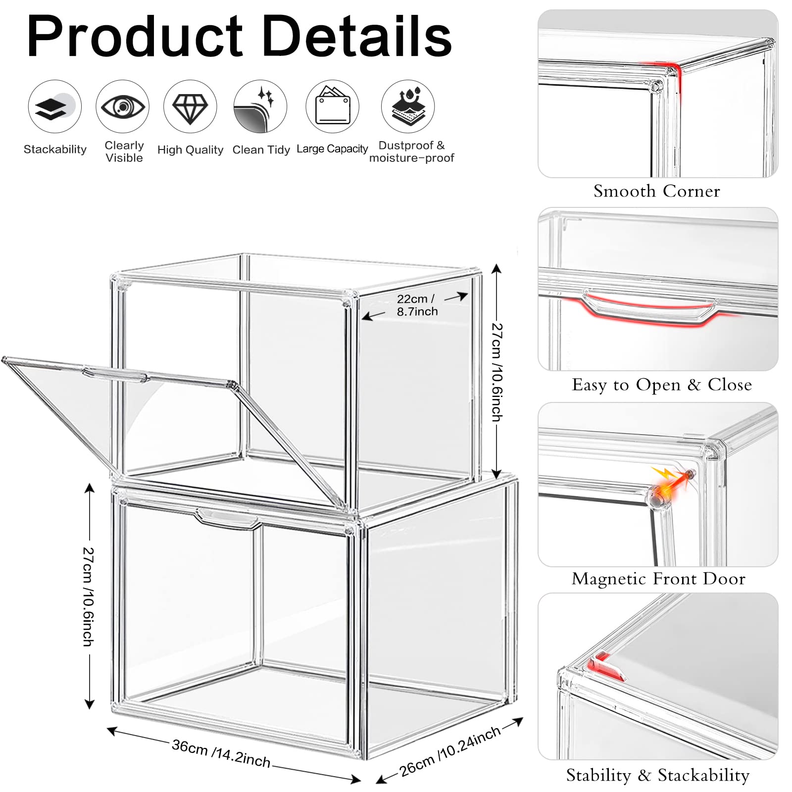 DILIBRA Paquete de 4 organizadores de almacenamiento de plástico transparente para armario, caja de exhibición acrílica para bolso, cajas de almacenamiento apilables, organizador de bolsas con puerta