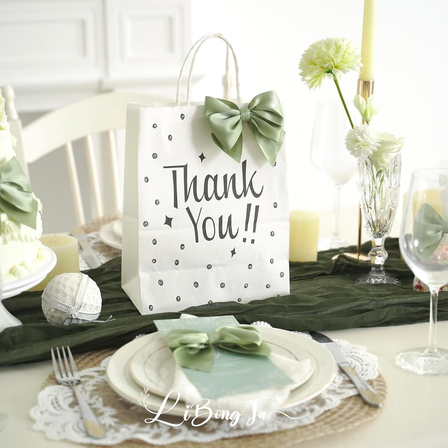 4 Inch Sage Green Gift Bow Satin Ribbon Bows for Crafts, Pre-Tied Bows, Twist Tie Bow for Treat Bags, Premade Decorative Bow, Wrapping Bows for Presents, Wedding, Baby Shower-24 Counts - Image 5