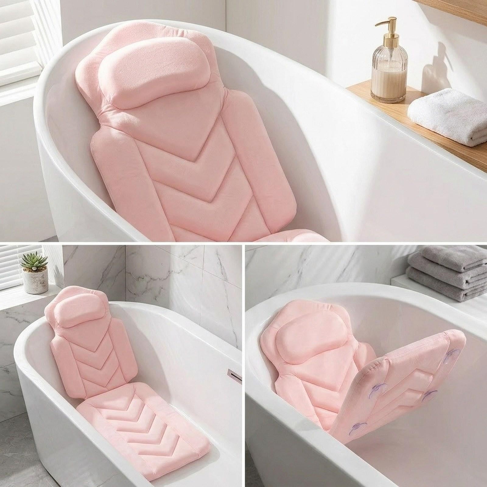 Tapis de Baignoire Antidérapant Adulte Coussin Intégré Respirante Polyester Ventouses Fixation Stable Lavable Confort Accessoires Baignoire, Rose