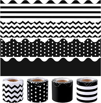 Aodaer 4 Rolls 131.2 Ft Black and White Bulletin Board Borders Striped Polka Dots Scalloped Rolled Board Trims 4 Styles Classroom Bulletin Border Decoration for School Blackboard Office Wall DIY Decor