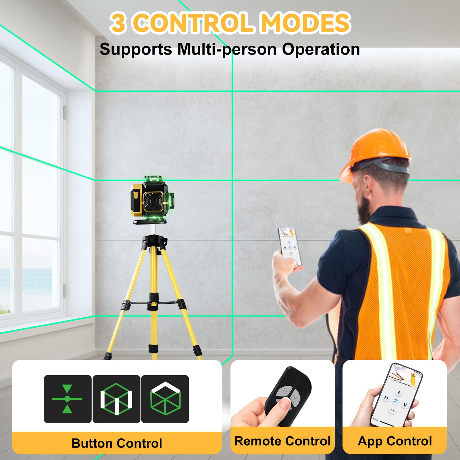 Livella Laser Autolivellante 360 x 4, Precisione ± 1 mm/5 m, 4D 16 Linee Livello Laser con Treppiede, Laser Verde, Visibilità Eccezionale a 25 m, Supporto Rotante, 2 x 3600mah Batteria(Giallo)
