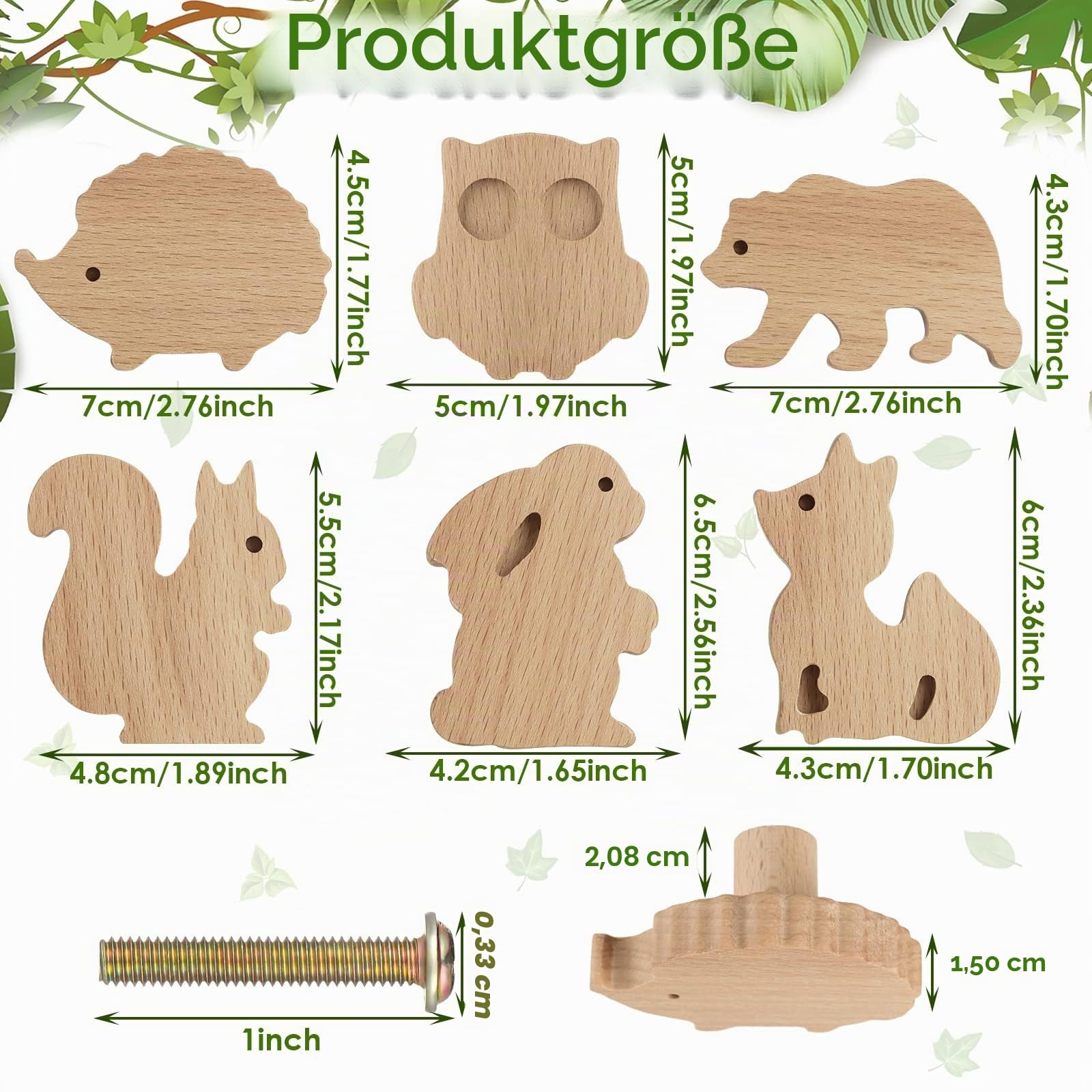 Qunclay Schrankknäufe aus Holz, dekorative Holzknöpfe mit Schrauben, Kommode, Ziehen, Holz, Meerestiere, Waldtiere, Möbelknöpfe, Kinderzimmer, Schubladengriffe für Dekoration (Waldtiere, 6 Sets)
