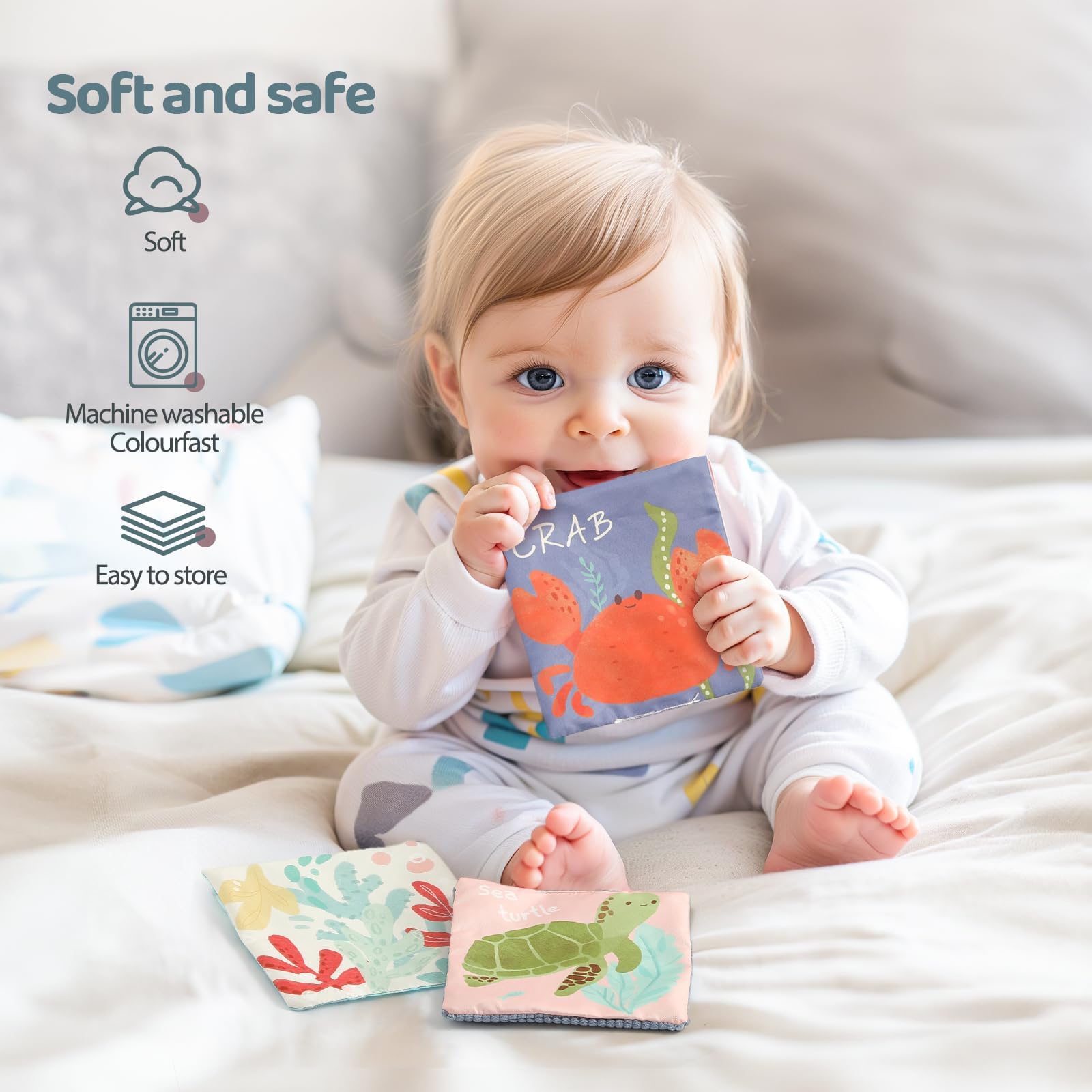 WOODEN TEETHER Baby Tissue Box Toy Mesi Montessori Sensorial Giocattolo, Promuove Le capacità sensoriali e motorie, con specchi, Colori, Trame, Suoni, Ragazzi e Ragazze (Animali marini)