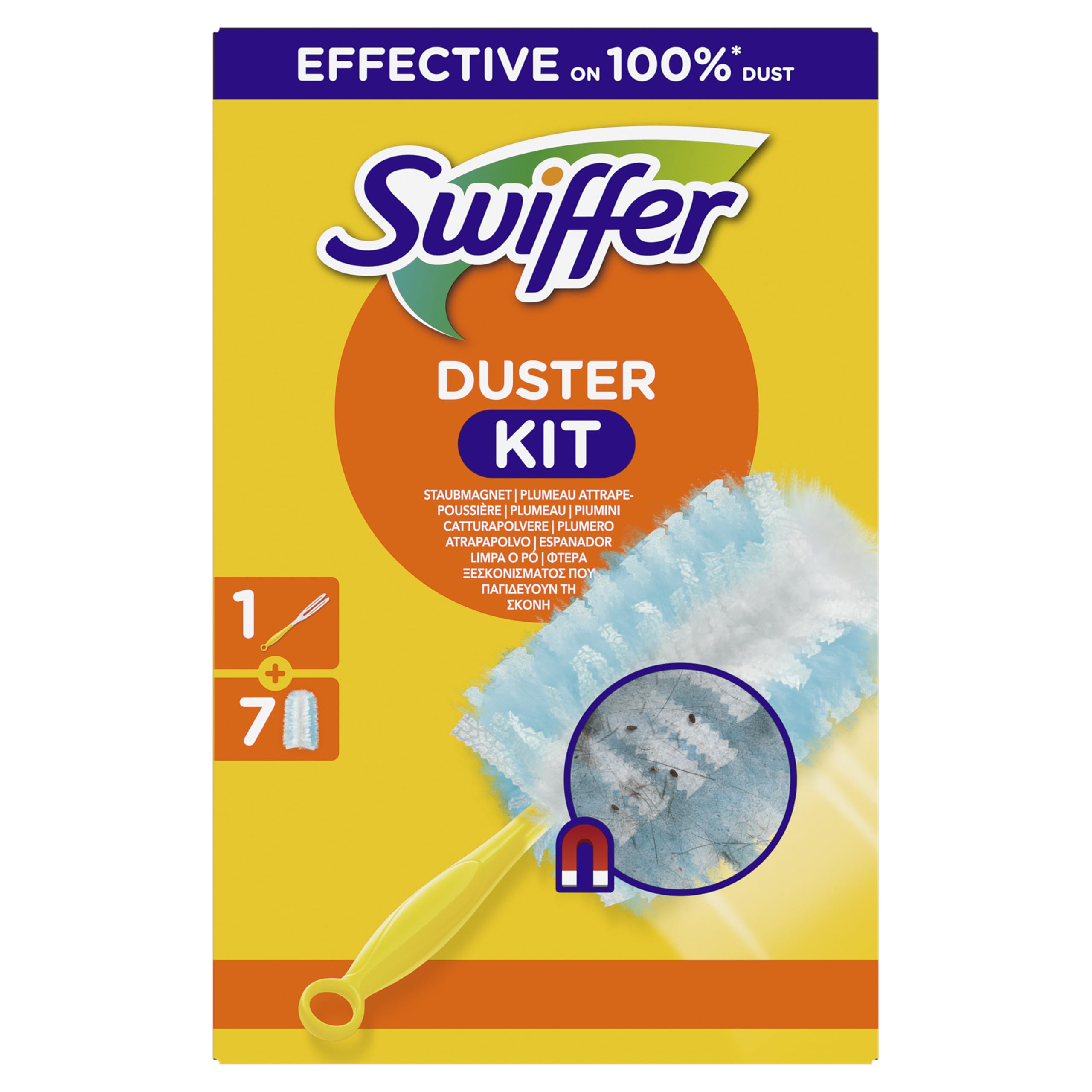 Swiffer Staubmagnet Starter-Set (1 Griff + 7 Nachfülltücher) Fängt Und Schließt 3-mal Mehr Staub Und Haare Ein Als Herkömmliche Staubwedel