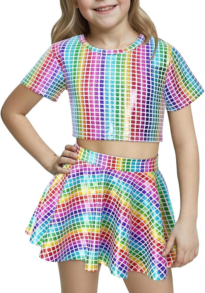 Happy Cherry Kid Girl Shiny Skirt and Top Set 2 Pcs Short Sleeve Metallic Disco Crop Top & Pleated Mini Skirt Set