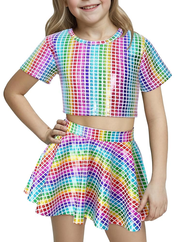 Happy Cherry Kid Girl Shiny Skirt and Top Set 2 Pcs Short Sleeve Metallic Disco Crop Top &amp; Pleated Mini Skirt Set
