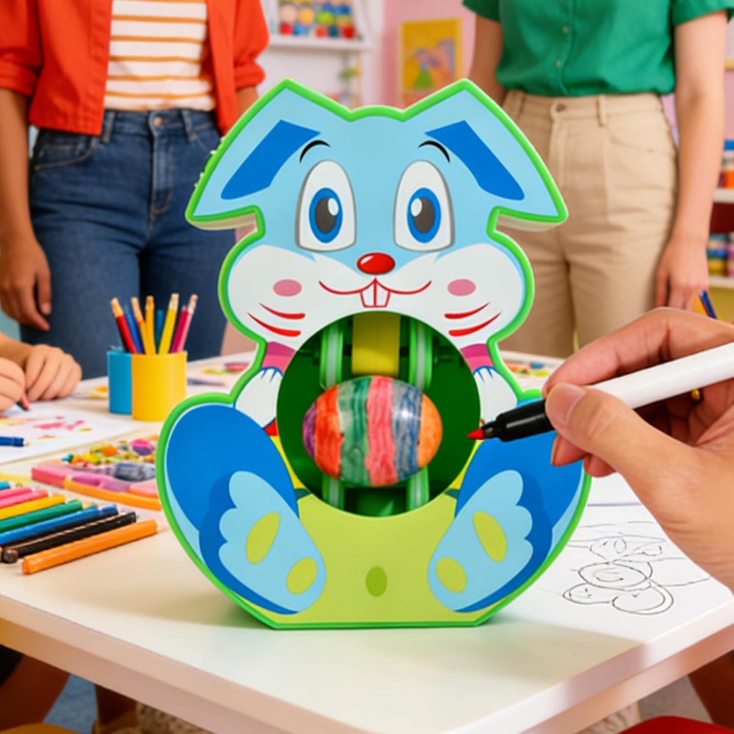 Easter Egg Painting Machine, 21 x 17 cm Easter Egg Decoration Set with Colouring Pencils and White Eggs, Easter Egg Spinner Painting Machine, Easter Egg Painting Machine for Children, Family, Home