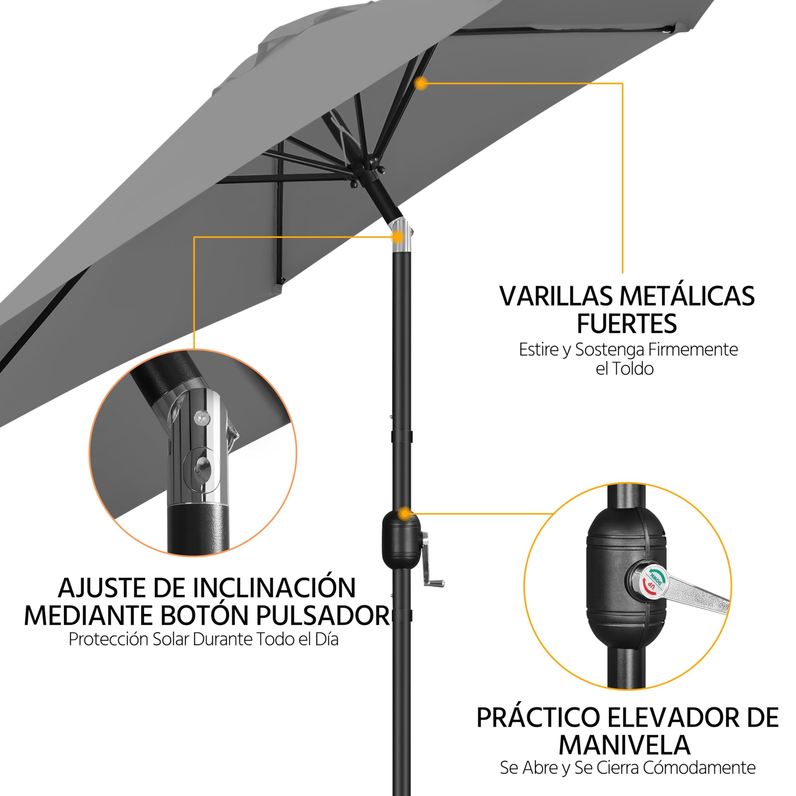 Yaheetech Sombrilla de Jardín con Manivela Inclinable Ø270x241cm Protección UV Columna de Hierro 6 Varillas de Metal para Terraza Exterior Balcón sin Soporte Gris