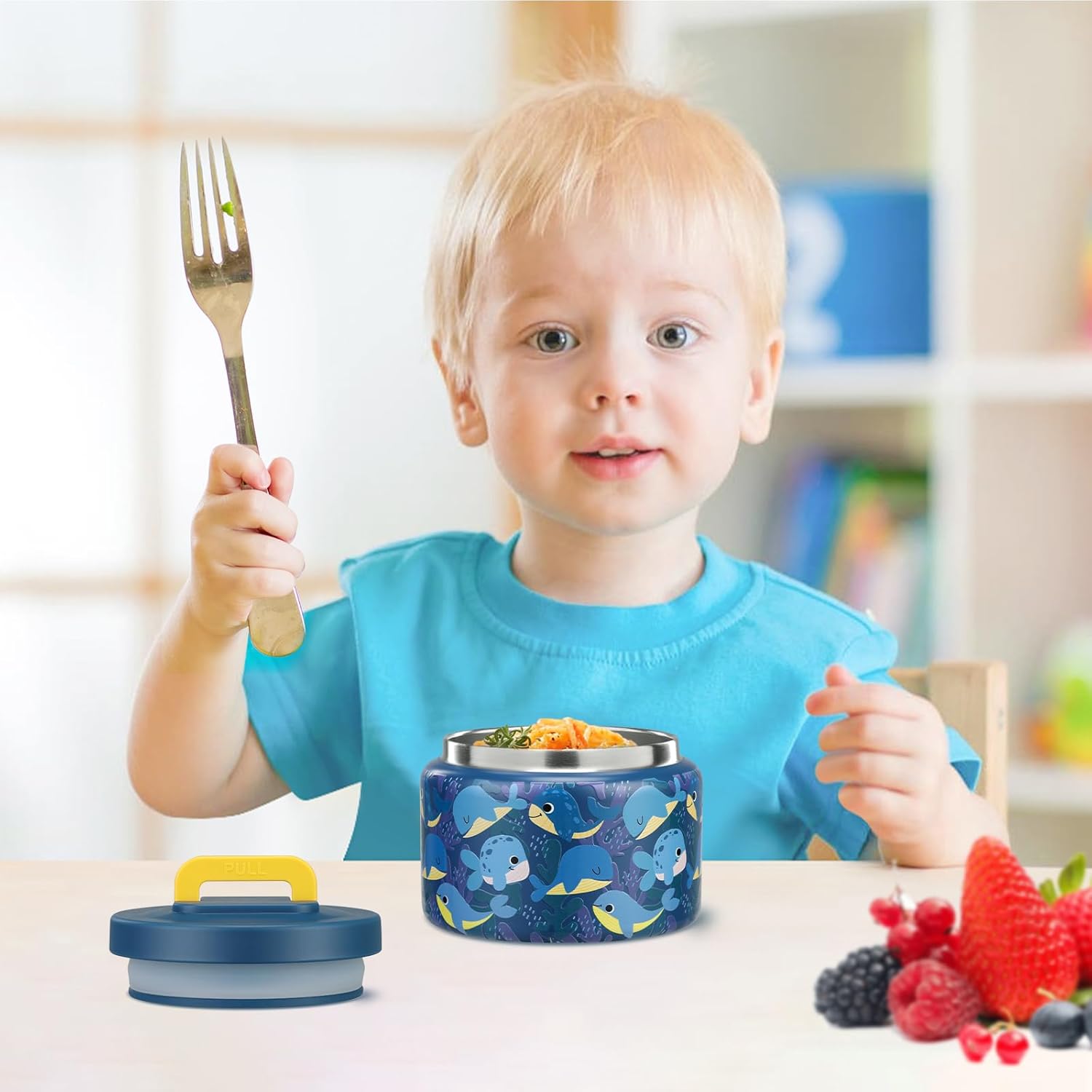 PIQUEBAR 8oz Kids Thermo for Hot Food,Small Lunch Thermos Food Container Stainless Steel,Easy Open Wide Mouth Thermo for Hot Cold Food for Preschool Travel (Blue Whale) - Image 6