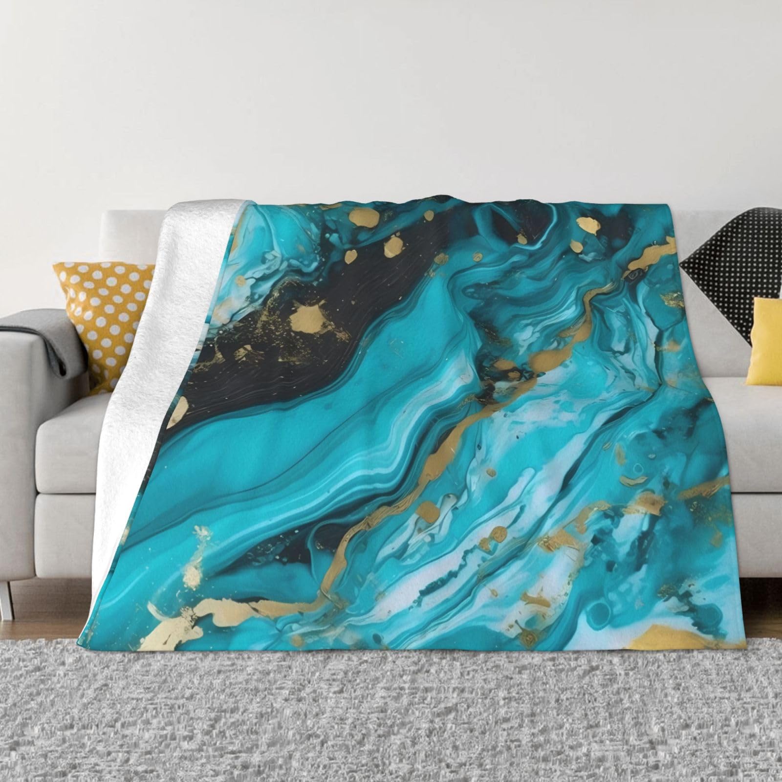 Turquoise Blue Gold Marble Throw Blanket 50"x40" Flannel Fluffy Warm Blanket for Couch, Reversible Plush Blankets for Bed, Comfy Fuzzy Blanket for Sofa, Plush Lightweight-Blankets for All Season