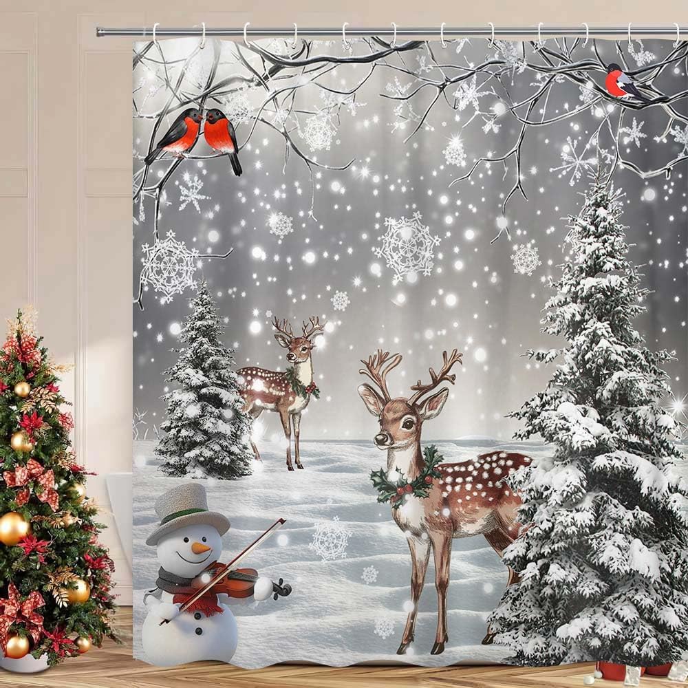 Christmas Deer Shower Curtains for Bathroom, Snowny Winter Grey Gray Christmas Birds Xmas Holiday Bathroom Accessories, Snowflake Gray Fabric Shower Curtain Sets with Hooks, 72x72 inch