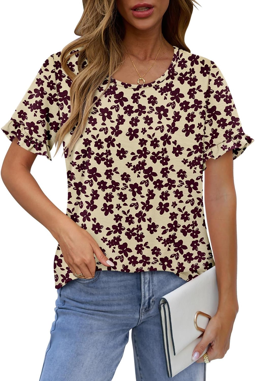 CRAZY GRID Women's Shirts Summer Casual Crewneck Short Sleeve Blouses Cute Floral Print Tunic Tops - Image 2