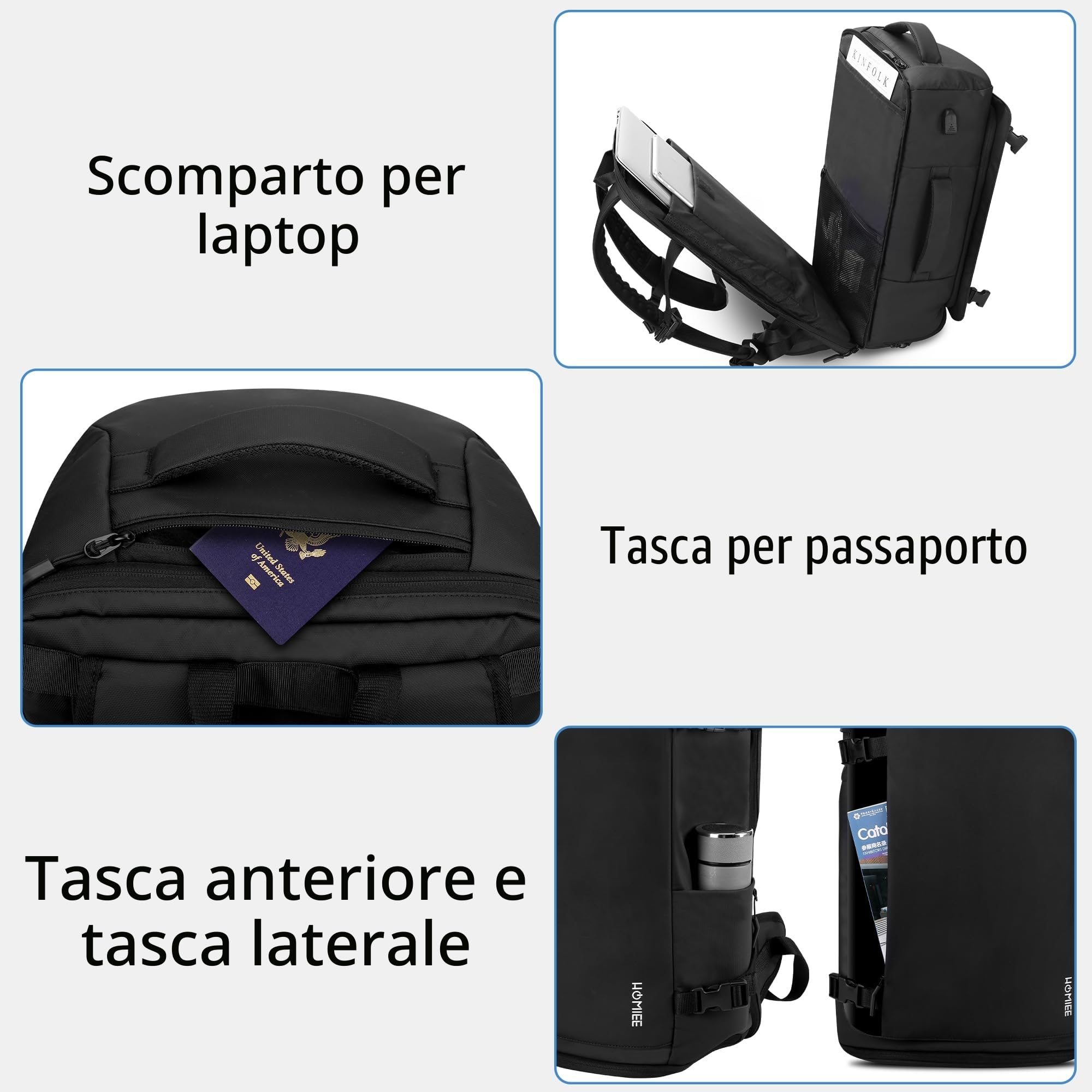 HOMIEE Zaino da Viaggio 40L Grande Zaino Bagaglio a Mano con Scomparto per Scarpe Resistente All'acqua Zaini Porta PC 17,3 Pollici con Porta USB Zaini Aereo Omologato per il Volo