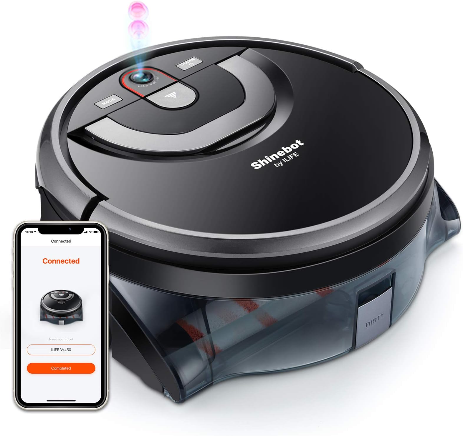 ILIFE Shinebot W450 Vacuum Mop Robot Cleaner, Wet Mopping, Floor Washing and Scrubbing, Smart Mapping, Wi-Fi Connected, Works with Alexa，XL Water Tank, Zig-Zag Cleaning Path, for Hard Floors only
