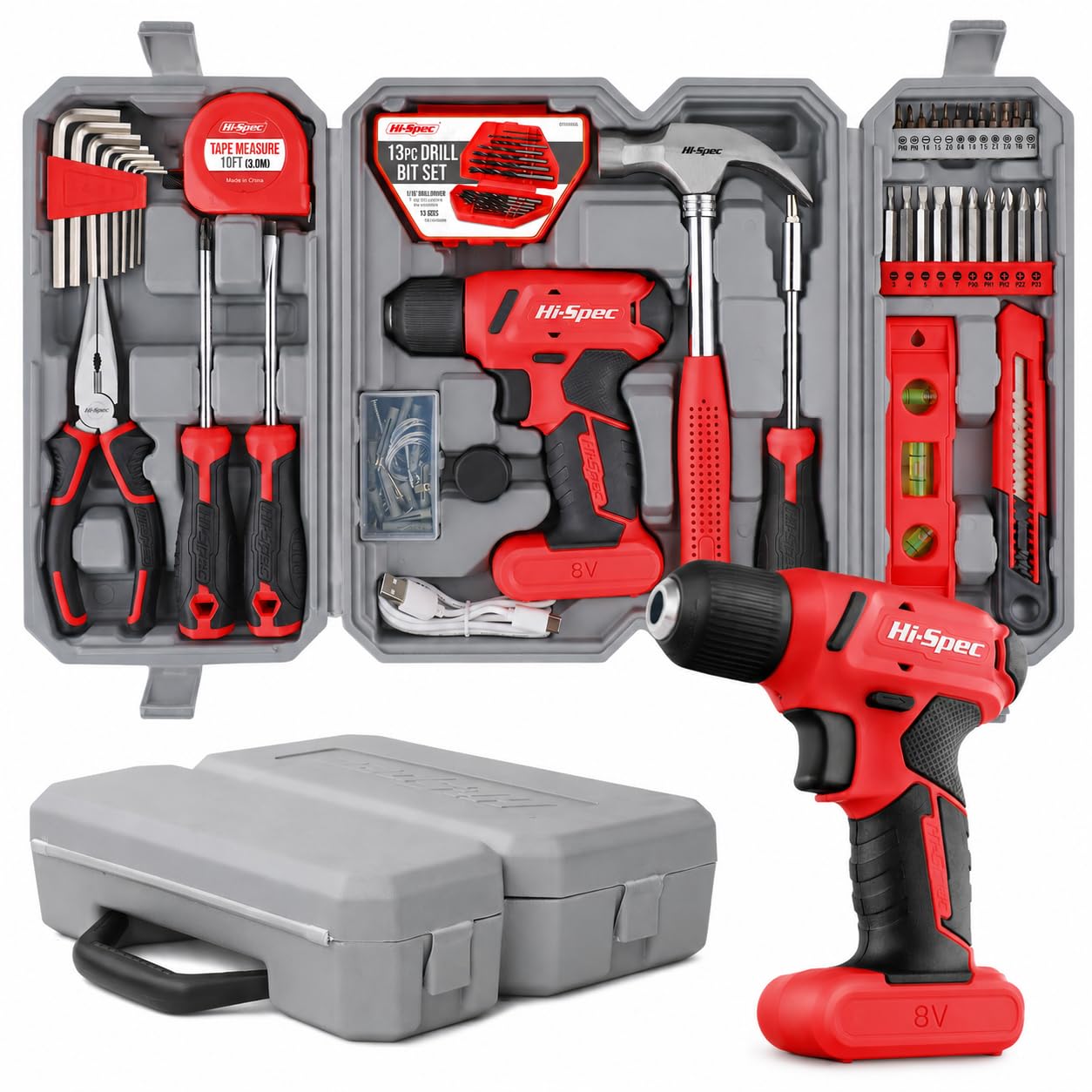 Hi-Spec 58pc Red 8V USB Electric Power Cordless Drill Driver and