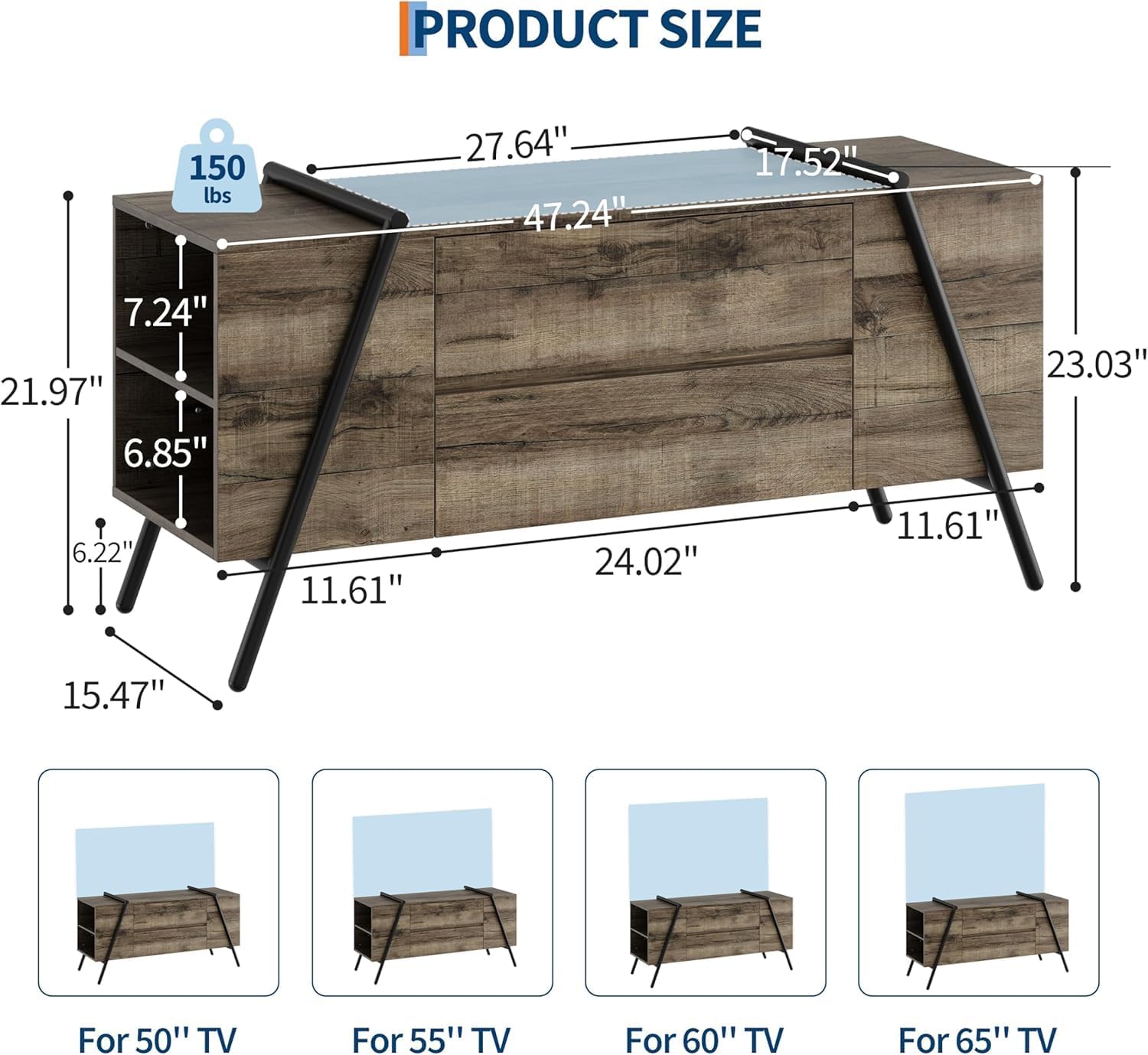 47" Modern TV Stand for Living Room, Wood Entertainment Center with 2 Drawers, Side Open Shelves & U-Shaped Metal Base, Fits TVs up to 65 inches, Ideal for Bedroom, Apartment, Oak - Image 2