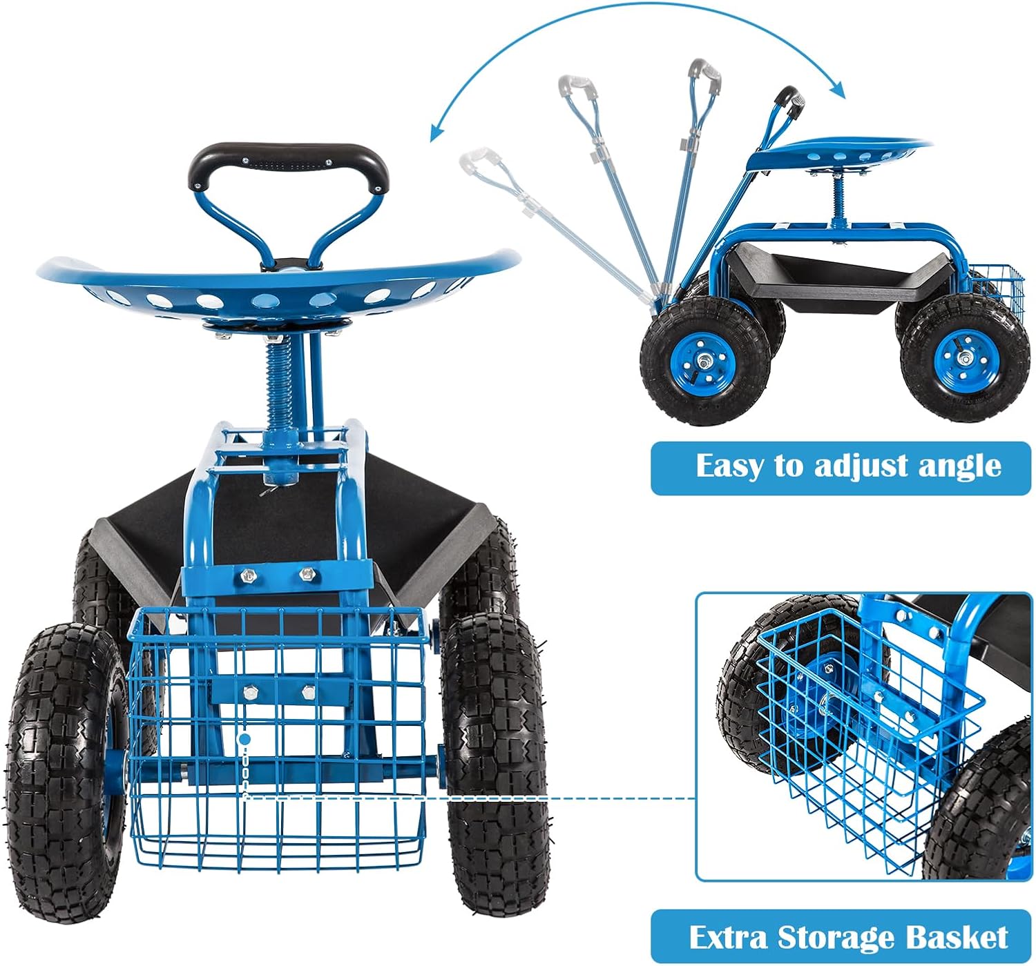FIZZEEY Gardening Workseat - Rolling Garden Cart Work Seat w/360 Degree Swivel Adjustable Seat, Storage Basket, Steering Handle, 4 Wheels, Garden Scooter for Planting