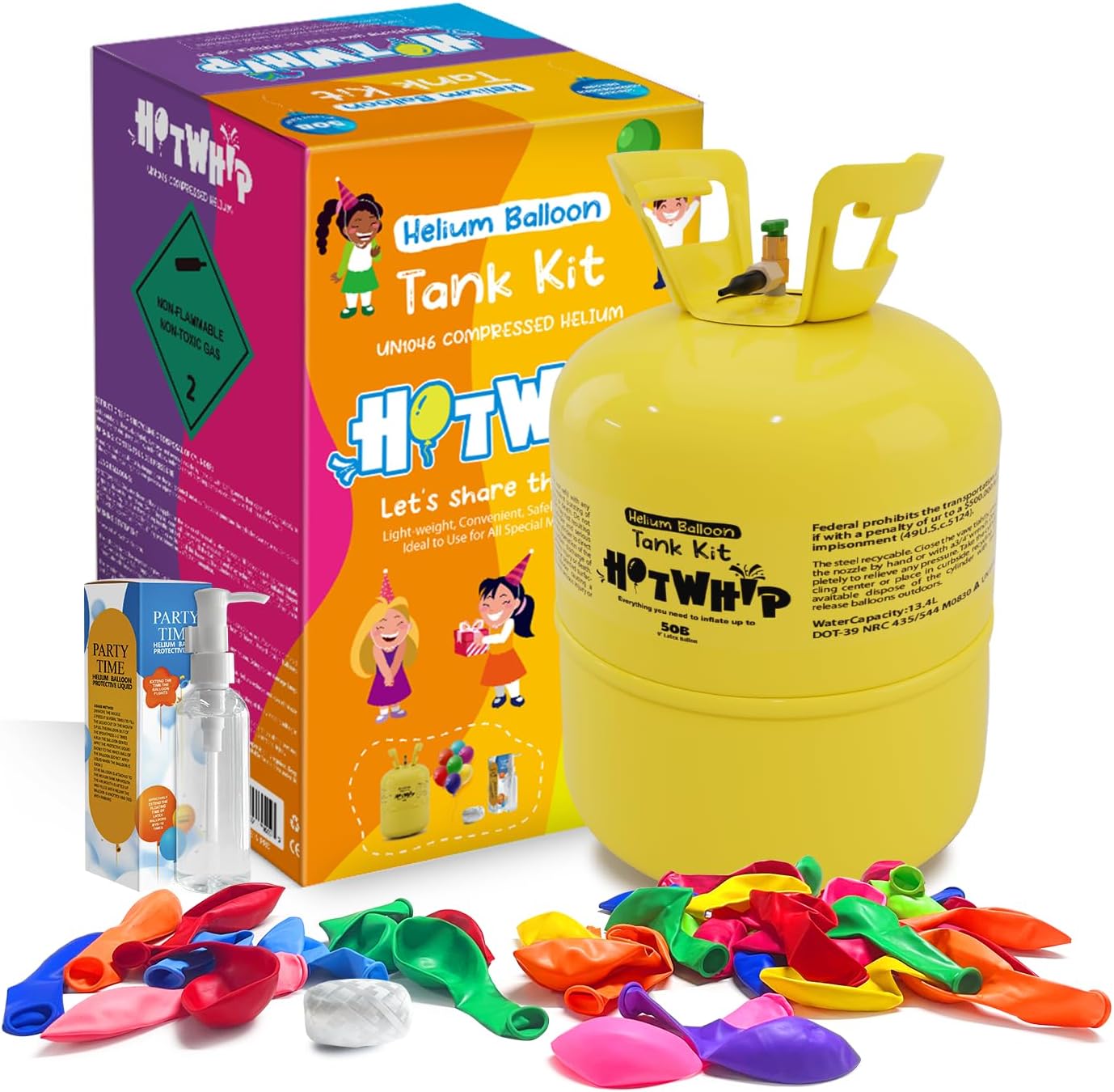 Helium Tank 13L Up To 50 Latex Balloons Helium Gas with Filling Valve, Balloon Protection Fluid, 50 Latex Balloons and Ribbons Included for Birthday, Wedding&Party