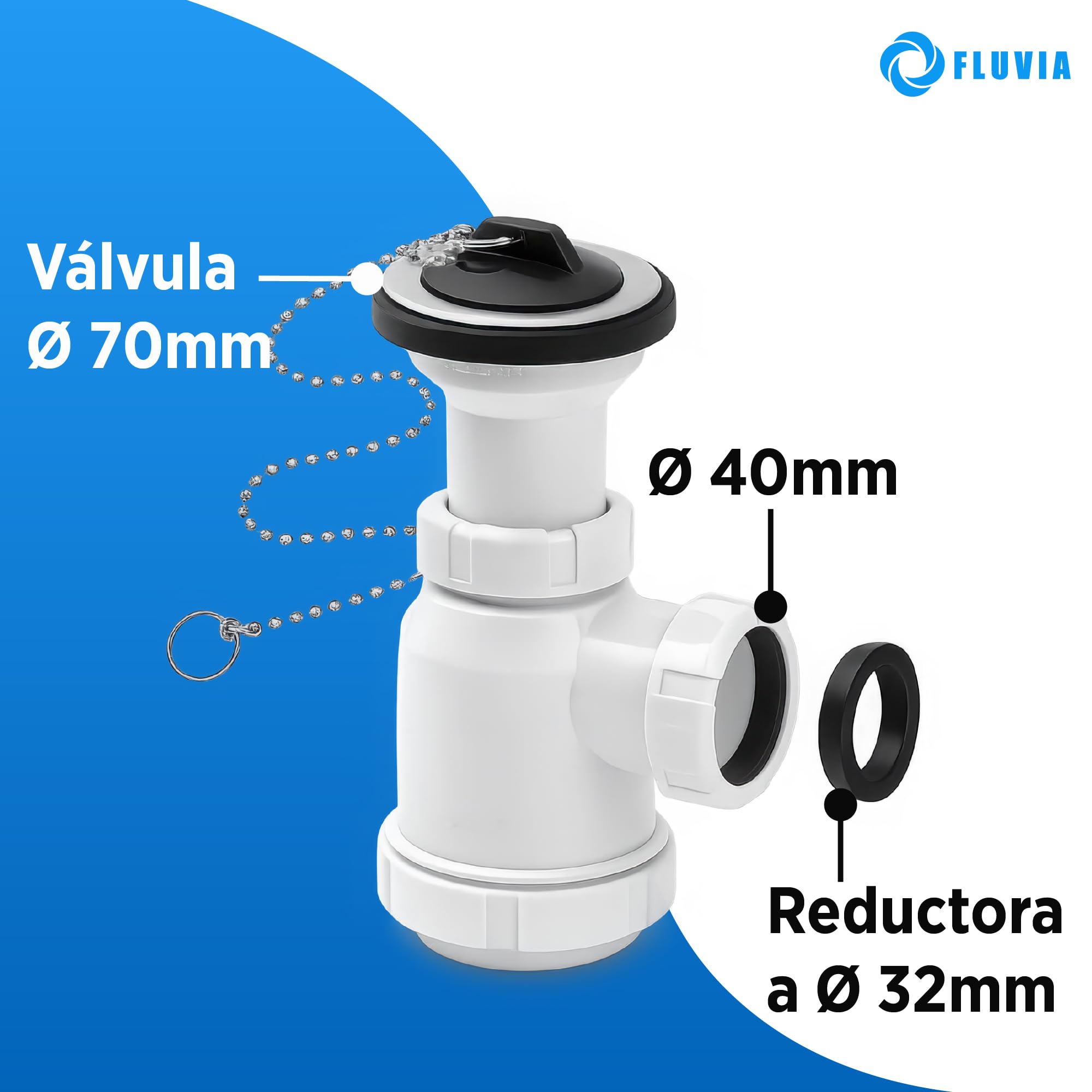 Sifón de Botella Corto Extensible para Lavabo y Bidé | Racor 1" 1/2 | Salida Ø40 mm con Reducción Ø32 mm | Antiolor, Antifugas | Polipropileno | Incluye Válvula | Instalación Fácil | F-3 Fluvia