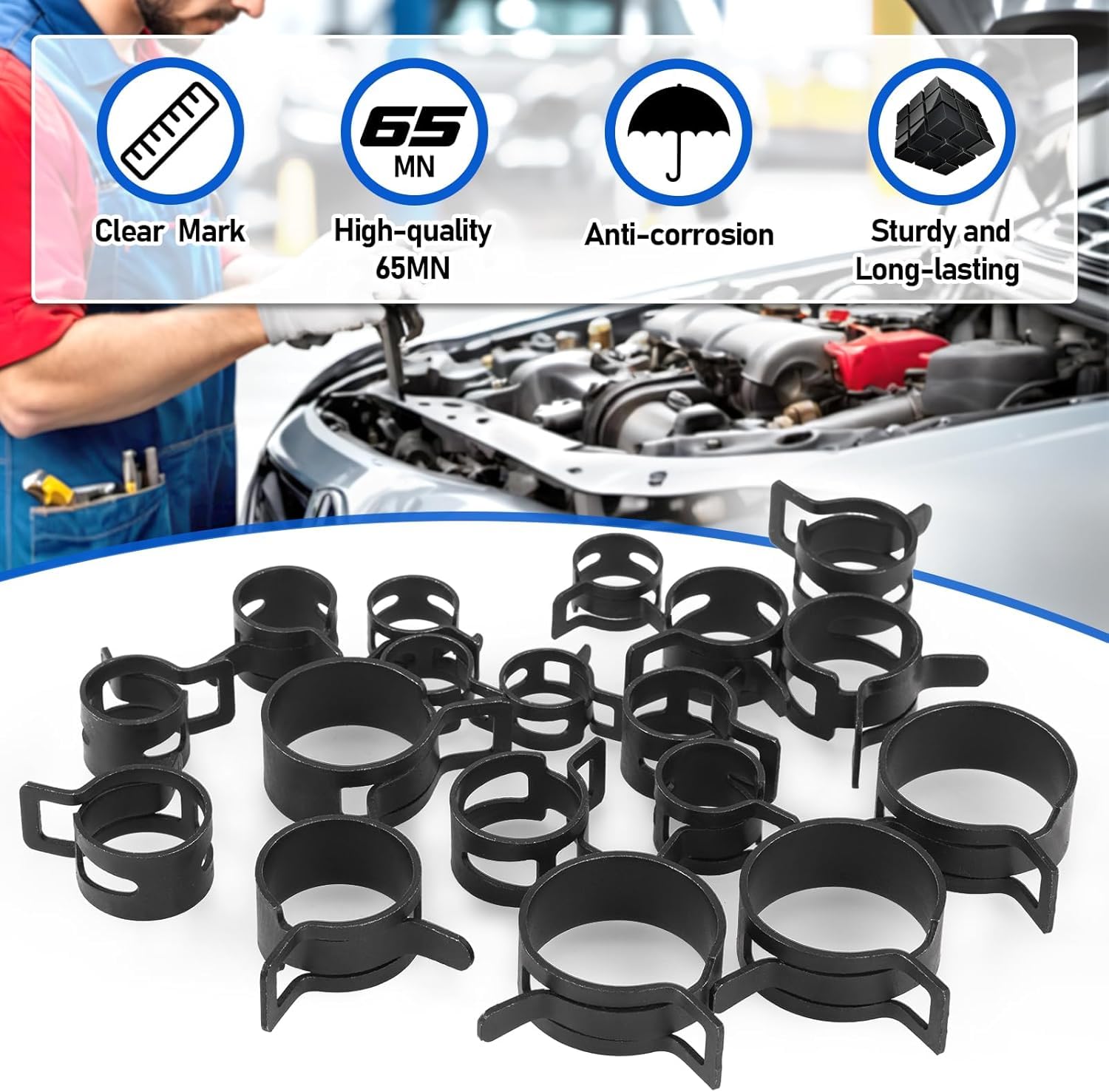 Toolwiz 120 szt. 6-25 mm zaciski do węży sprężynowych z obrotowymi szczypcami zaciskowymi do węża, 15 rozmiarów zacisków do węża, asortyment opasek sprężynowych, przewód paliwowy, wąż próżniowy